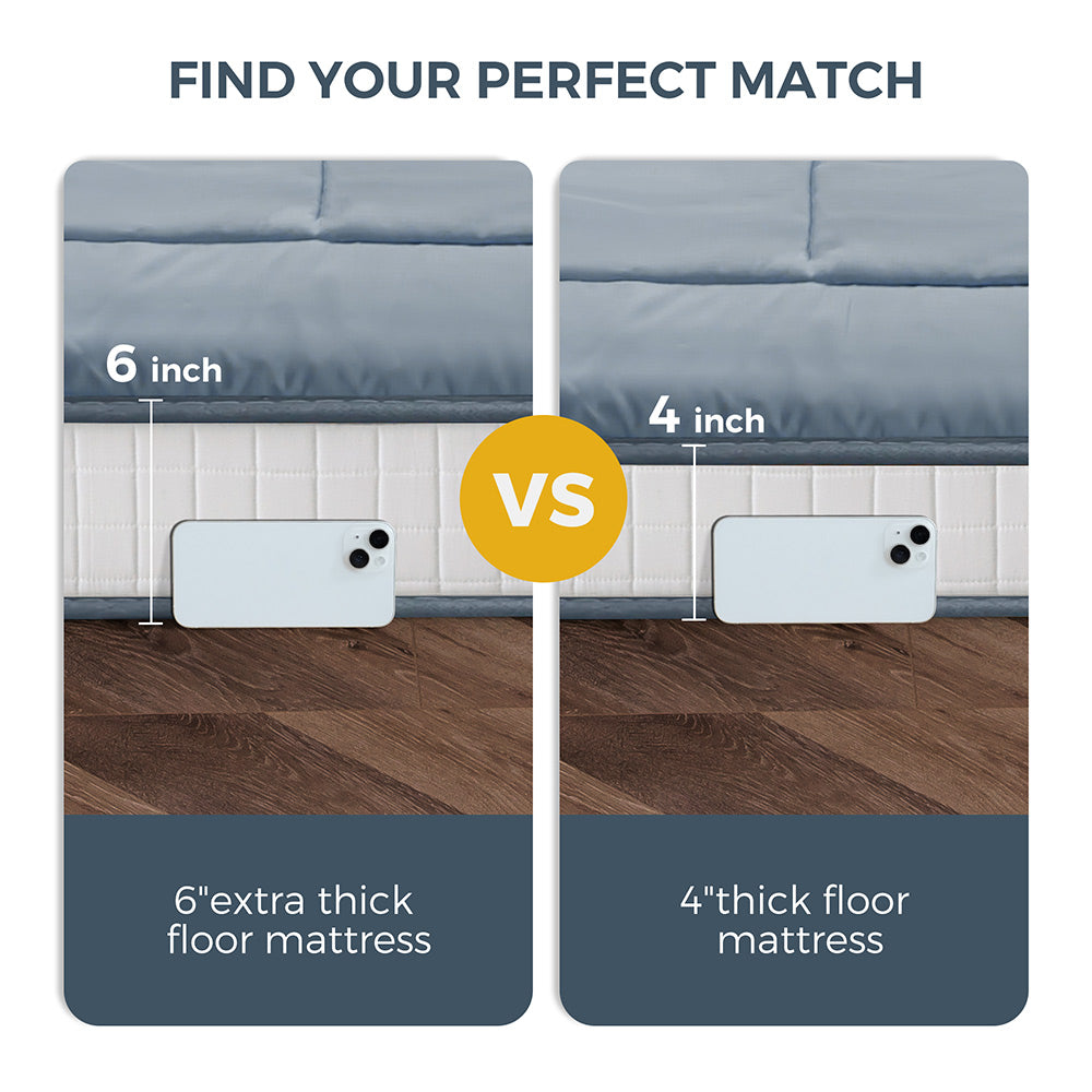 MAXYOYO Padded Comfortable Floor Mattress - Blue Gray | Extra Thick Foldable Guest Bed | Perfect for Camping, Sleepovers & Small Space Living