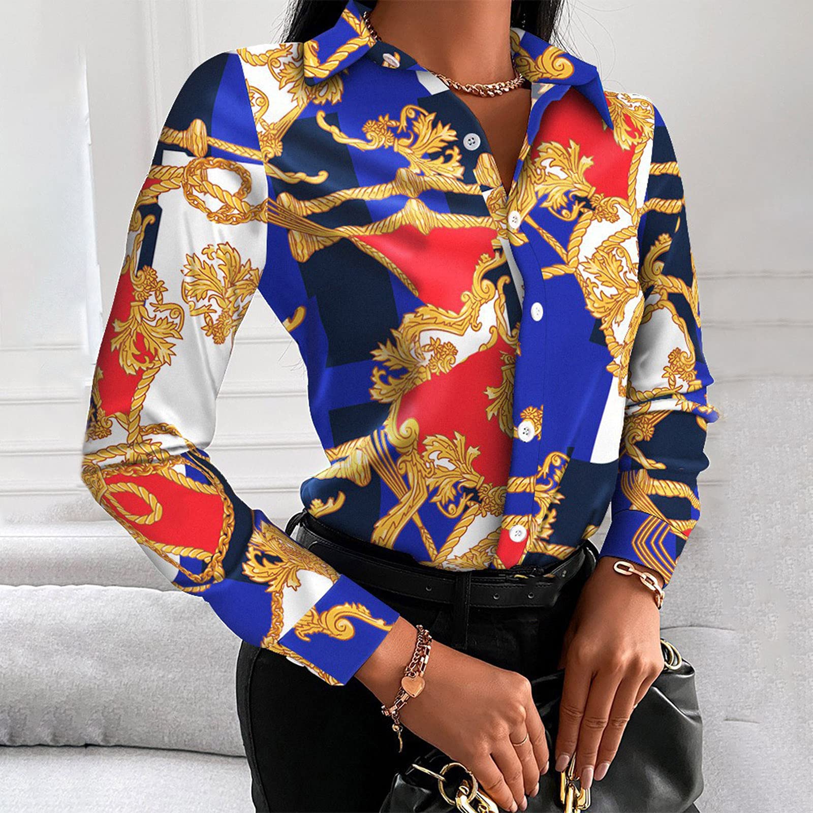 AMhomely Women's Elegant V-Neck Printed Blouse - Slim Fit Professional Office Tunic Top with Long Sleeves | Summer Party & Casual Wear | UK Sizes Available | Perfect for Work, Business Meetings & Social Events