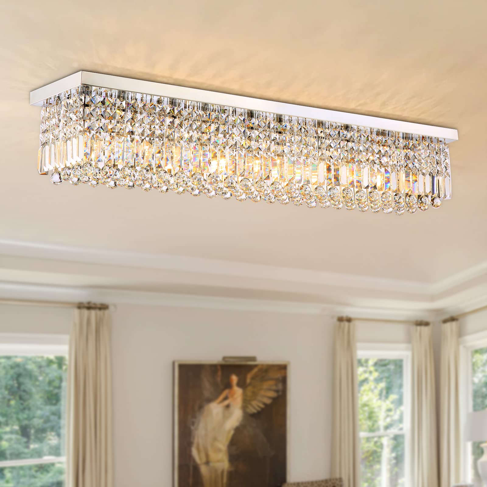Siljoy Modern 10-Light Crystal Chandelier - Rectangular Flush Mount Ceiling Light Fixture with K9 Crystal Raindrops - 47