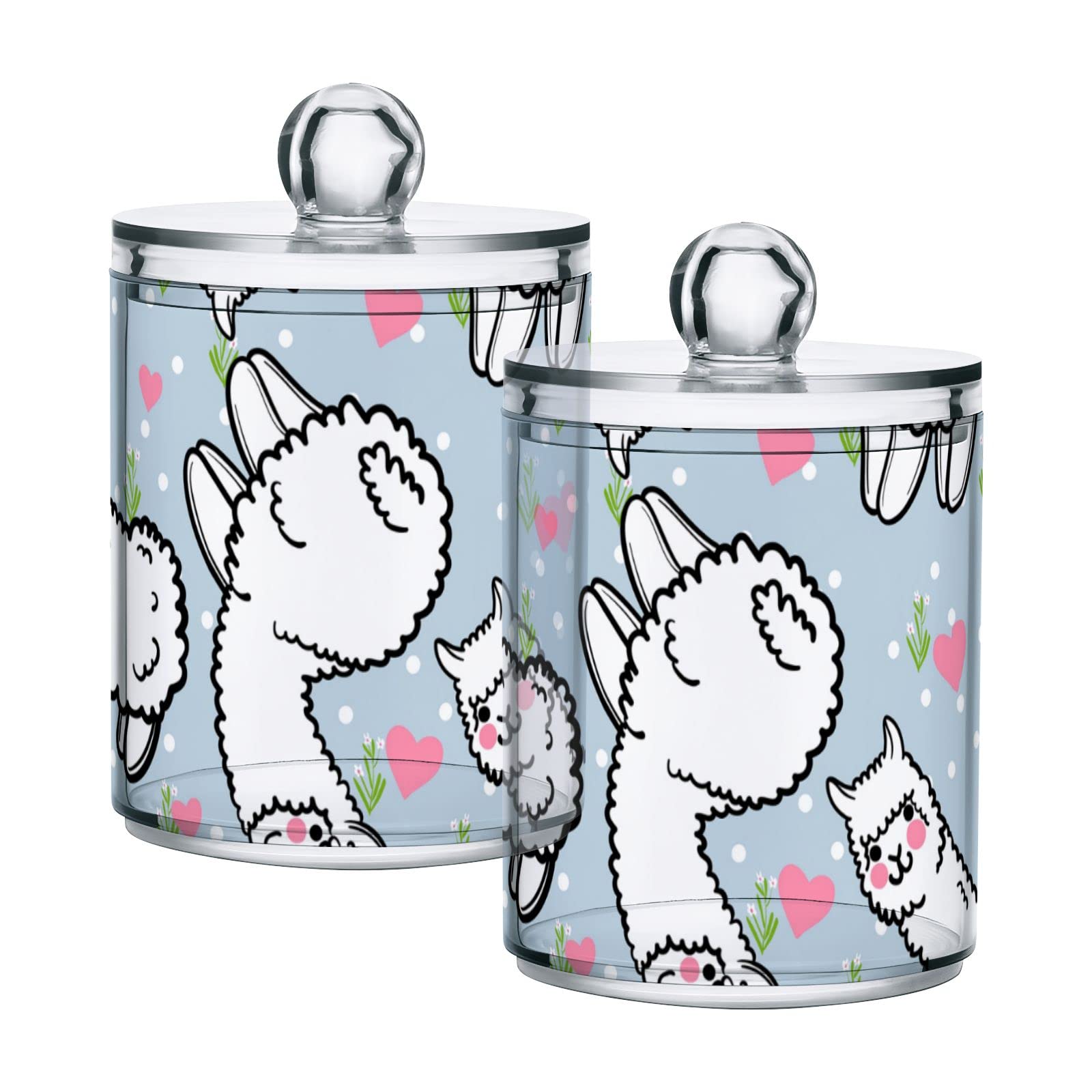 White Alpaca & Pink Hearts Floral Anime Plastic Storage Jars with Lids (Set of 4) - 10oz Translucent Food Containers for Cotton Swabs, Tea, Cookies | Cute Japanese Style Canning Jars for Kitchen, Bathroom & Office Organization