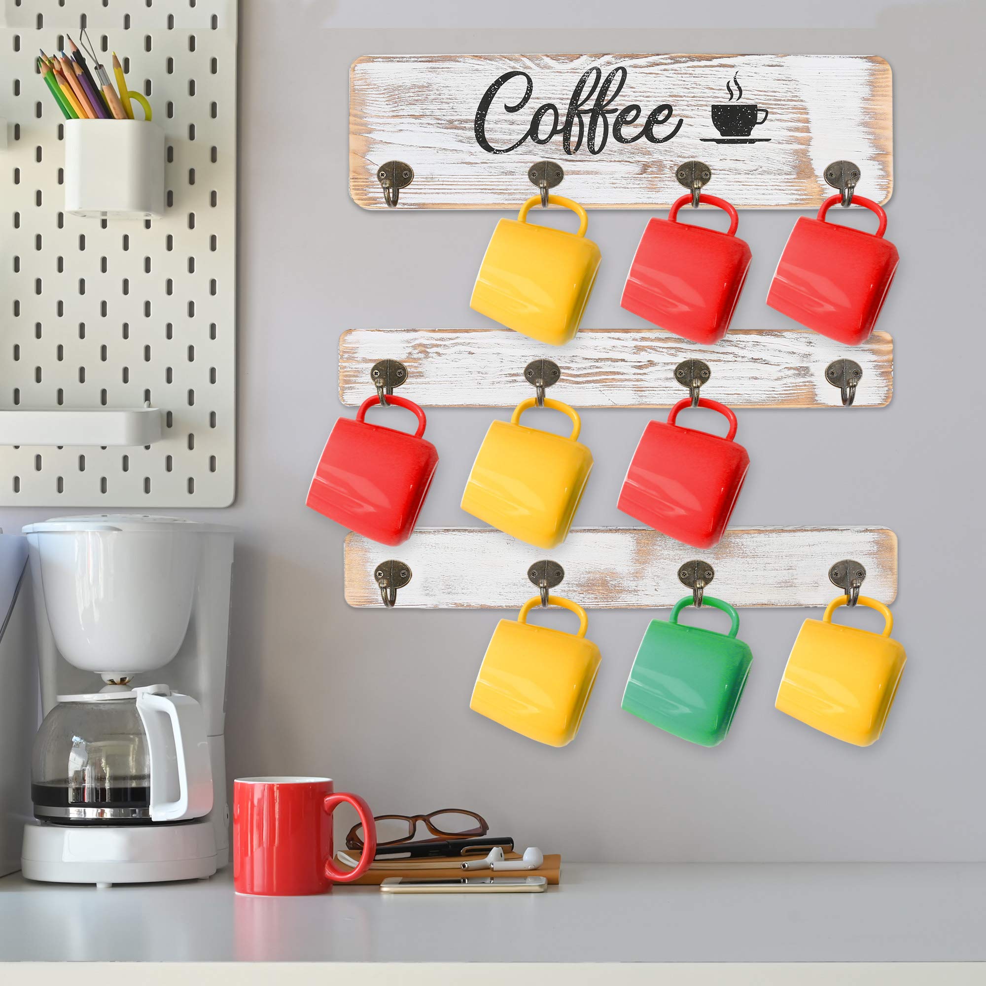 LotFancy Rustic Wall Mounted Coffee Mug Rack - Farmhouse Wood Cup Organizer with 12 Hooks for Home, Office & Kitchen Storage - White Coffee Nook Décor | Perfect for Small Space Organization & Coffee Bar Display