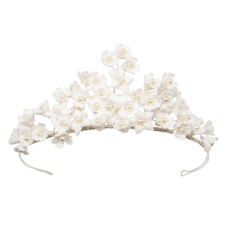 Ivory Ceramic Floral Wedding Tiara with Delicate Flowers - Perfect for Brides, Bridesmaids, and Special Occasions