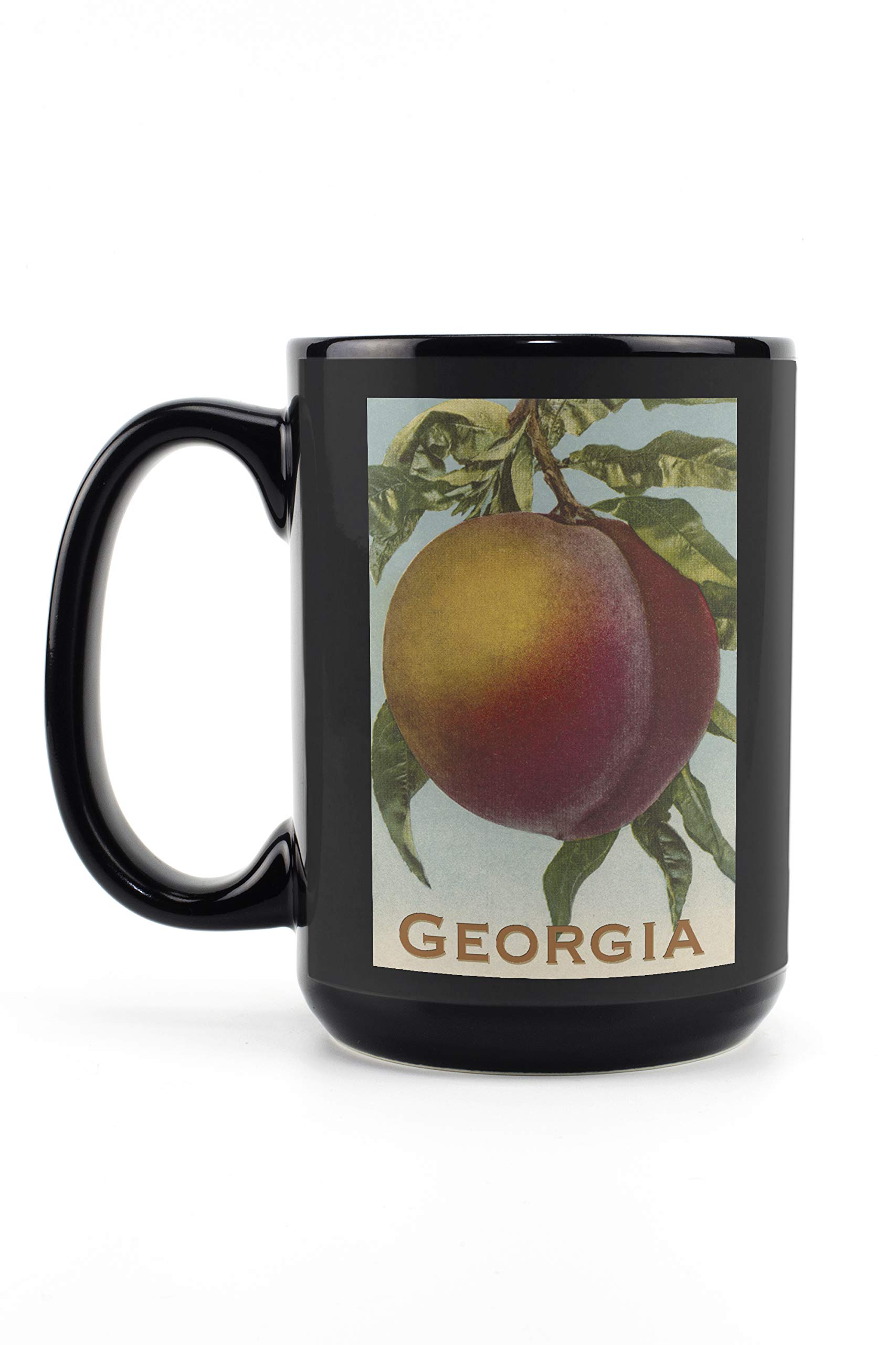 Vintage Georgia Peach Lithograph 15oz Black Ceramic Coffee Mug - Microwave & Dishwasher Safe - Perfect for Tea, Coffee & Hot Beverages at Home, Office or Gifts