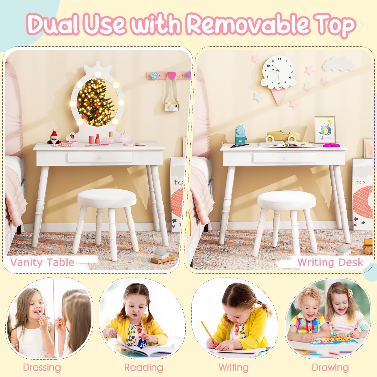 Costzon Kids Vanity Set with Mirror, Stool & LED Lights - 2-in-1 Wooden Makeup Dressing Table with Drawers for Girls - Pretend Play Toy for Toddlers (White) | Perfect for Birthday Gifts & Bedroom Decor