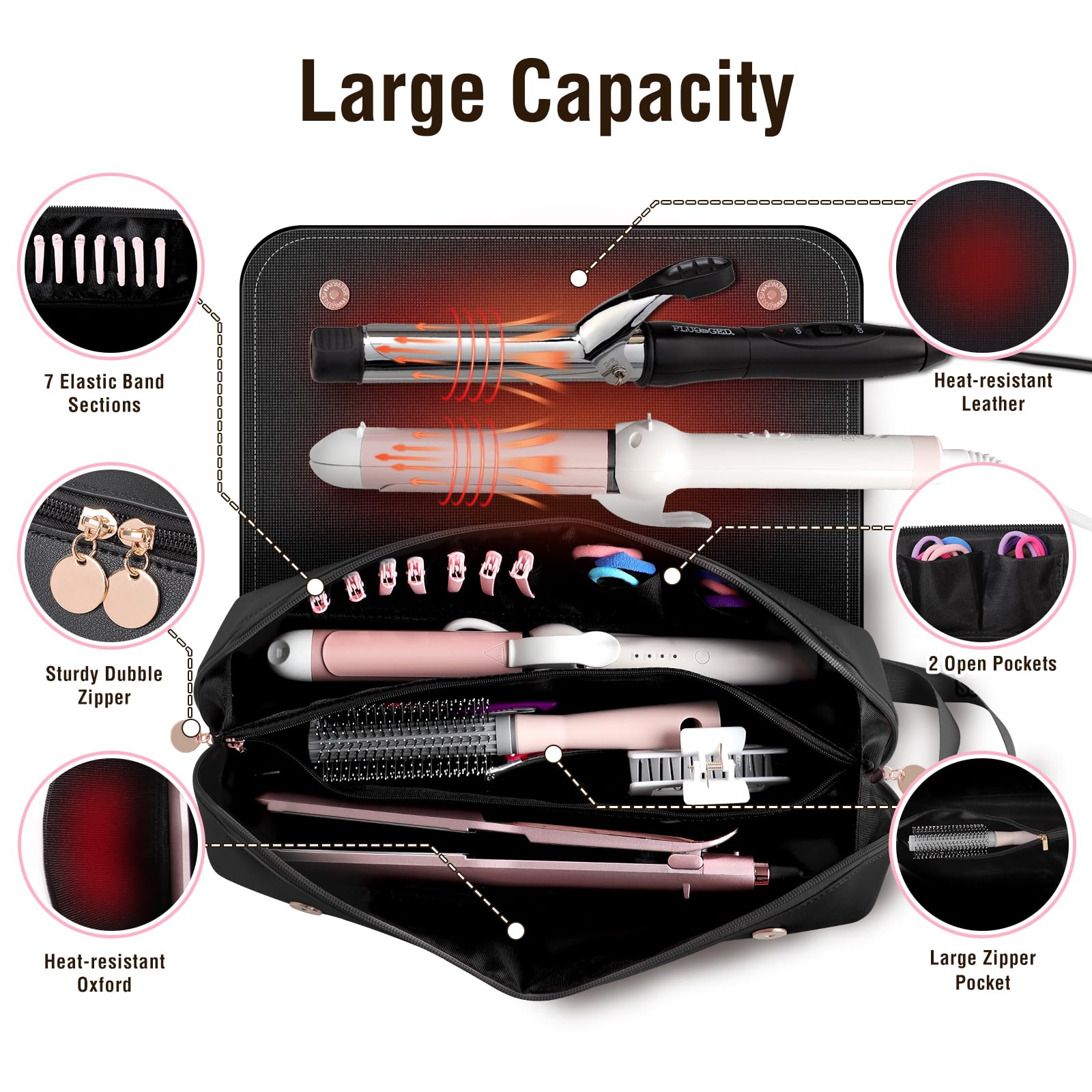SS Hair Tools Travel Bag & Heat Resistant Mat for Hot Styling Tools - Leather Curling Iron Organizer Case for Women's Hair Accessories | Portable Travel Essentials for Blow Dryers, Straighteners & Curling Wands | Perfect for Salon Professionals & On-the-Go Styling