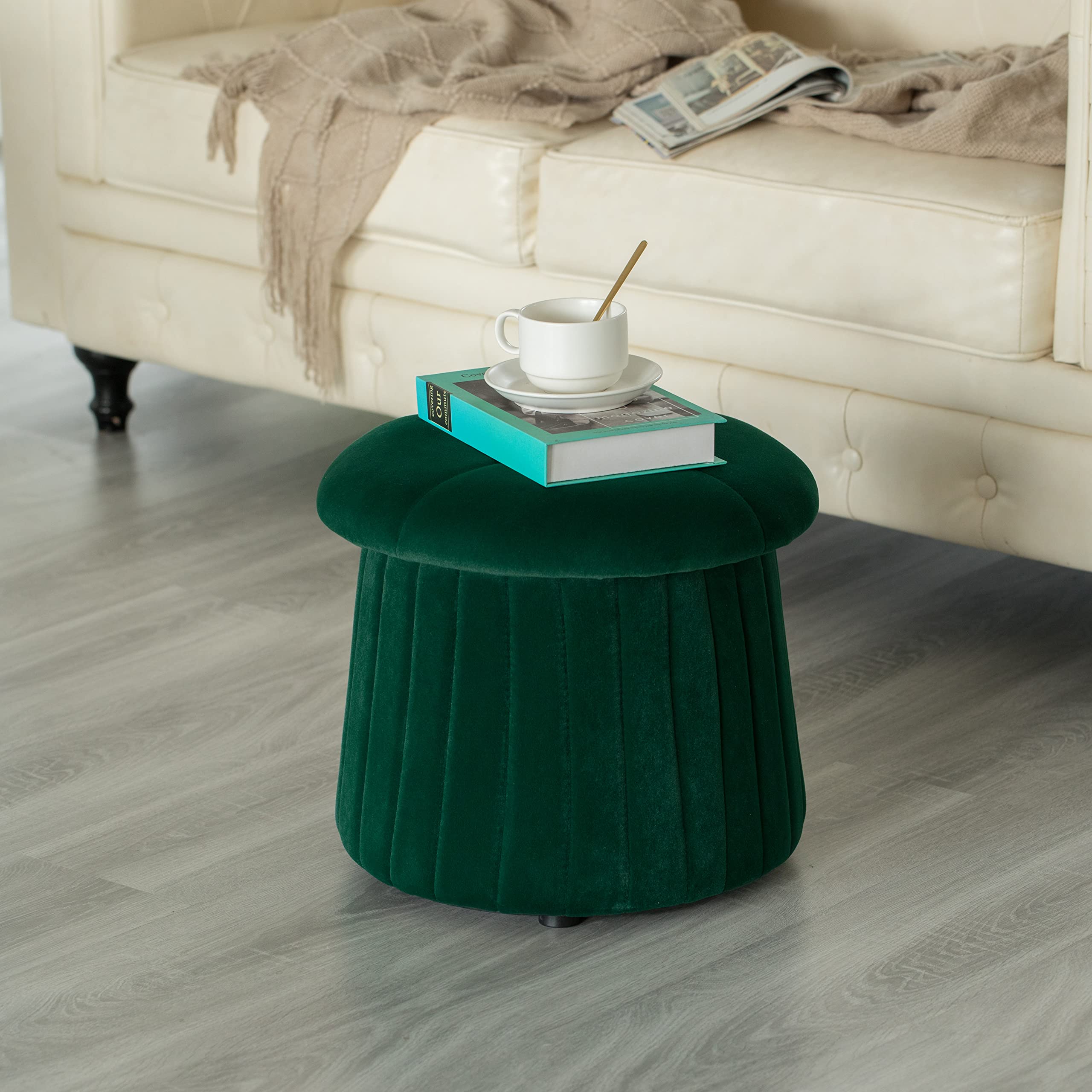 Fabulaxe Modern Tufted Velvet Mushroom Storage Ottoman Stool - Green Velvet Footrest with Hidden Storage | Perfect for Living Room, Bedroom & Dorm Organization