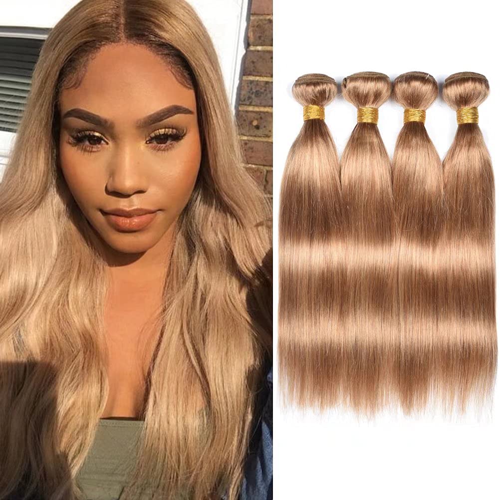 WOME 100% Unprocessed Peruvian Virgin Human Hair Bundles - Silky Straight #27 Honey Blonde (4 Bundles, 16/18/20/22 Inch) | Natural Hair Extensions for Styling & Wefting | Perfect for Daily Wear, Parties & Special Occasions