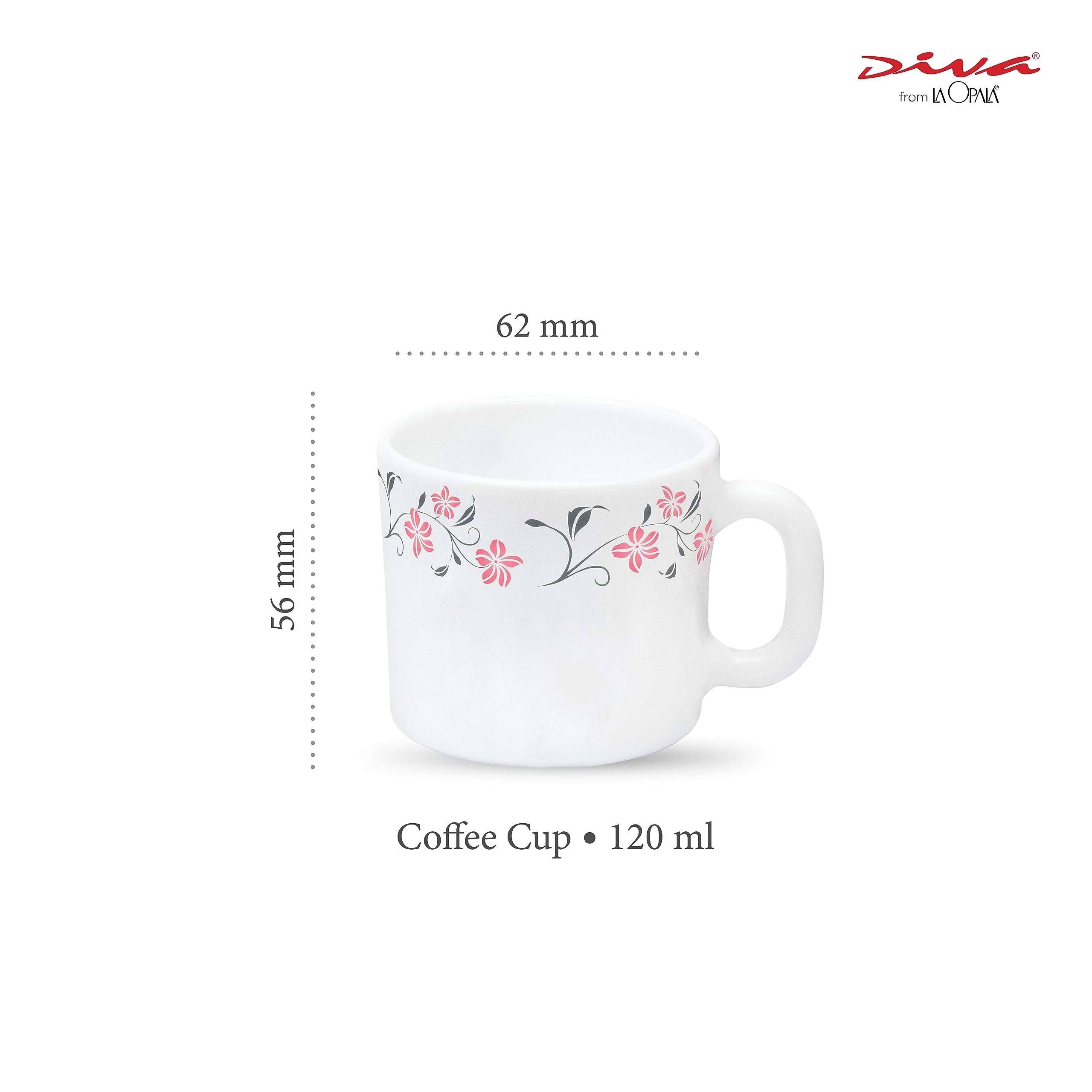 La Opala Diva Opal Glass Coffee Cups Set of 6 - 120ml Grace Red Microwave Safe Tea & Coffee Mugs | Extra Strong Toughened Super Light Super White Glassware | Perfect for Home, Office, Cafes & Restaurants