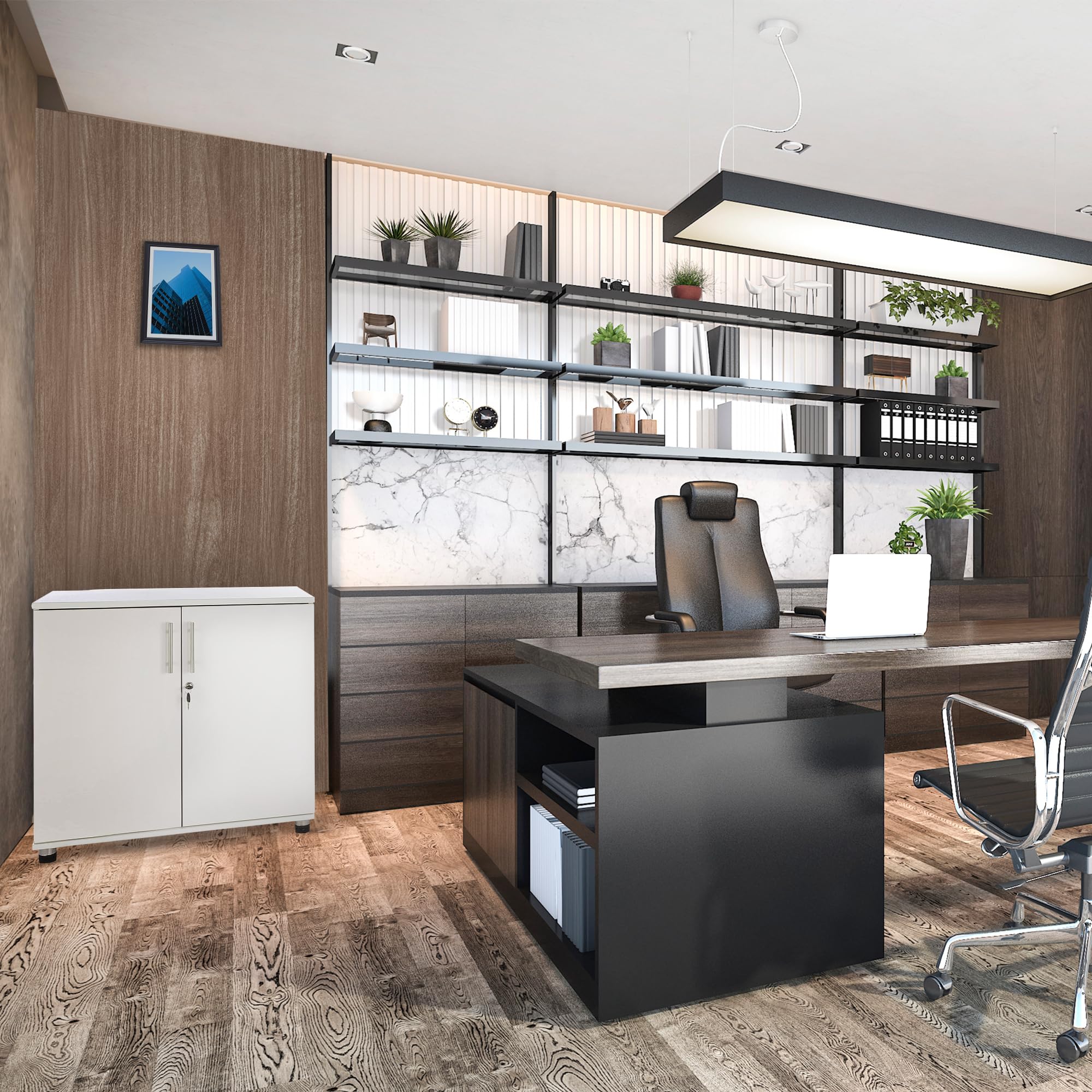 2-Door Locking Office Storage Cabinet - Wooden File Organizer Cupboard with Adjustable Shelves - Free Standing Bookcase & Desk Extension - Perfect for Home Office, Study Room & Workspace Organization
