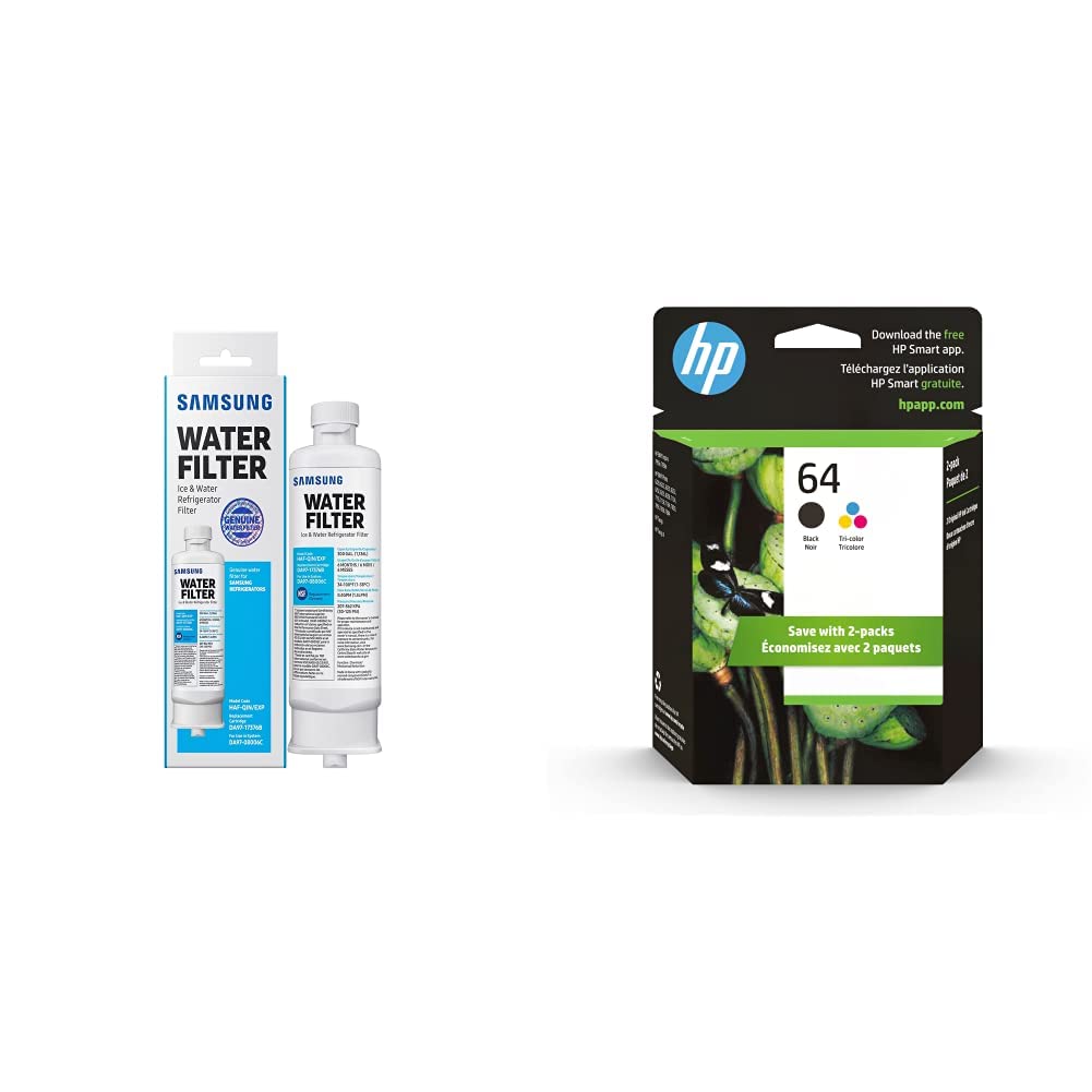 Original Samsung DA97-17376B Refrigerator Water Filter 1-Pack & HP 64 Black/Tri-color Ink Cartridges 2-Pack - Compatible with HP ENVY Inspire 7950e | Home & Office Water Filtration and Printing Solution