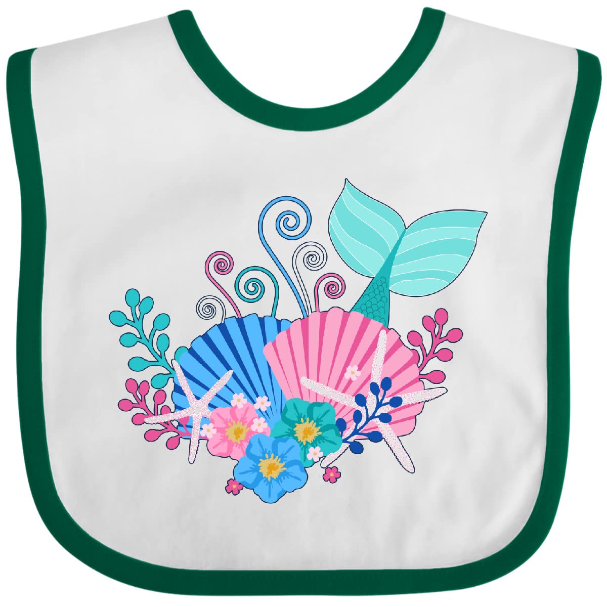 Inktastic Mermaid Tail, Shells, and Flowers Baby Bib - Adorable Waterproof Drool Bib for Infants & Toddlers - Perfect for Feeding, Playtime, and Photo Shoots