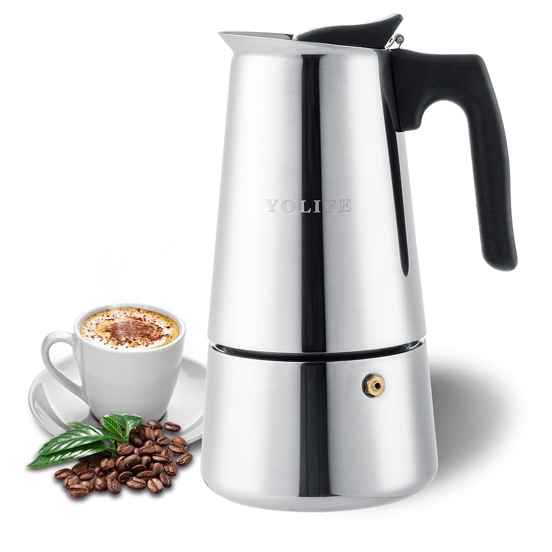 YOLIFE 16 oz Stovetop Espresso Maker - Italian Moka Pot for Coffee, Cappuccino & Latte - Stainless Steel Coffee Maker (450ml) - Perfect for Home Brewing, Camping & Gifts