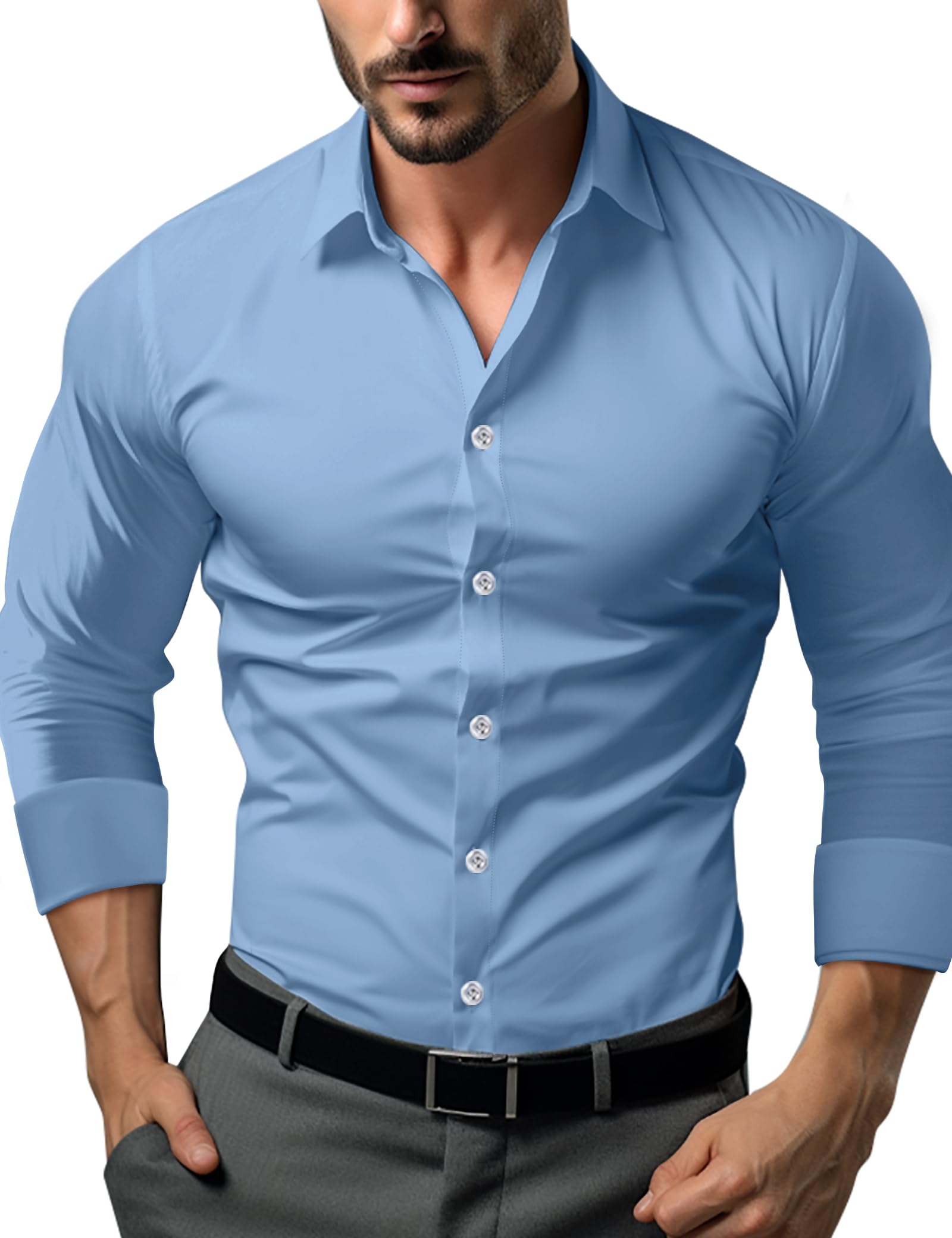 Men's Slim Fit Stretch Dress Shirts - Solid Long Sleeve Business Casual Button Down Shirt for Athletic Build | Perfect for Office Wear, Business Meetings & Formal Events