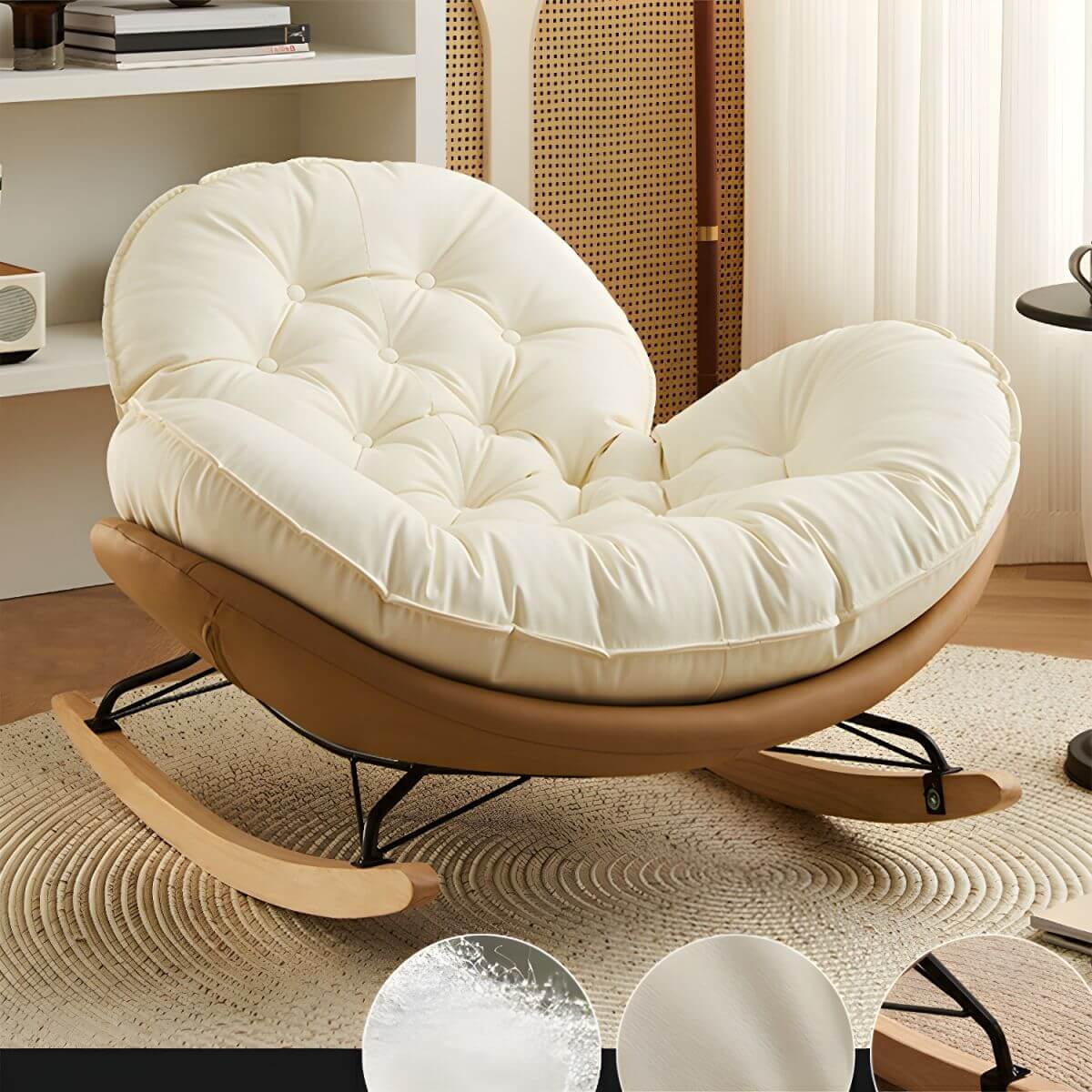 Modern Faux Leather Beige Upholstered Rocking Chair with Spindle Back & Natural Wood Legs - Cozy Nursery, Living Room or Bedroom Accent Chair for Relaxing & Nursing