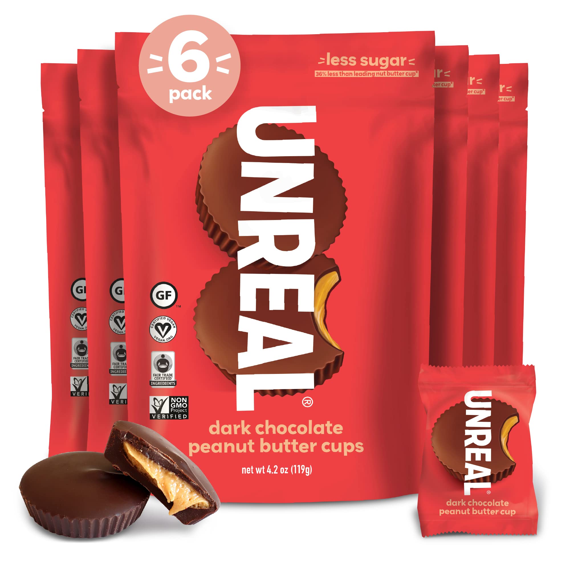 UNREAL Dark Chocolate Peanut Butter Cups - Low Sugar (5g), Vegan, Gluten Free, Fair Trade, Non-GMO, No Sugar Alcohols or Soy - 6 Pack | Healthy Snack for Office, Travel & Keto Diet