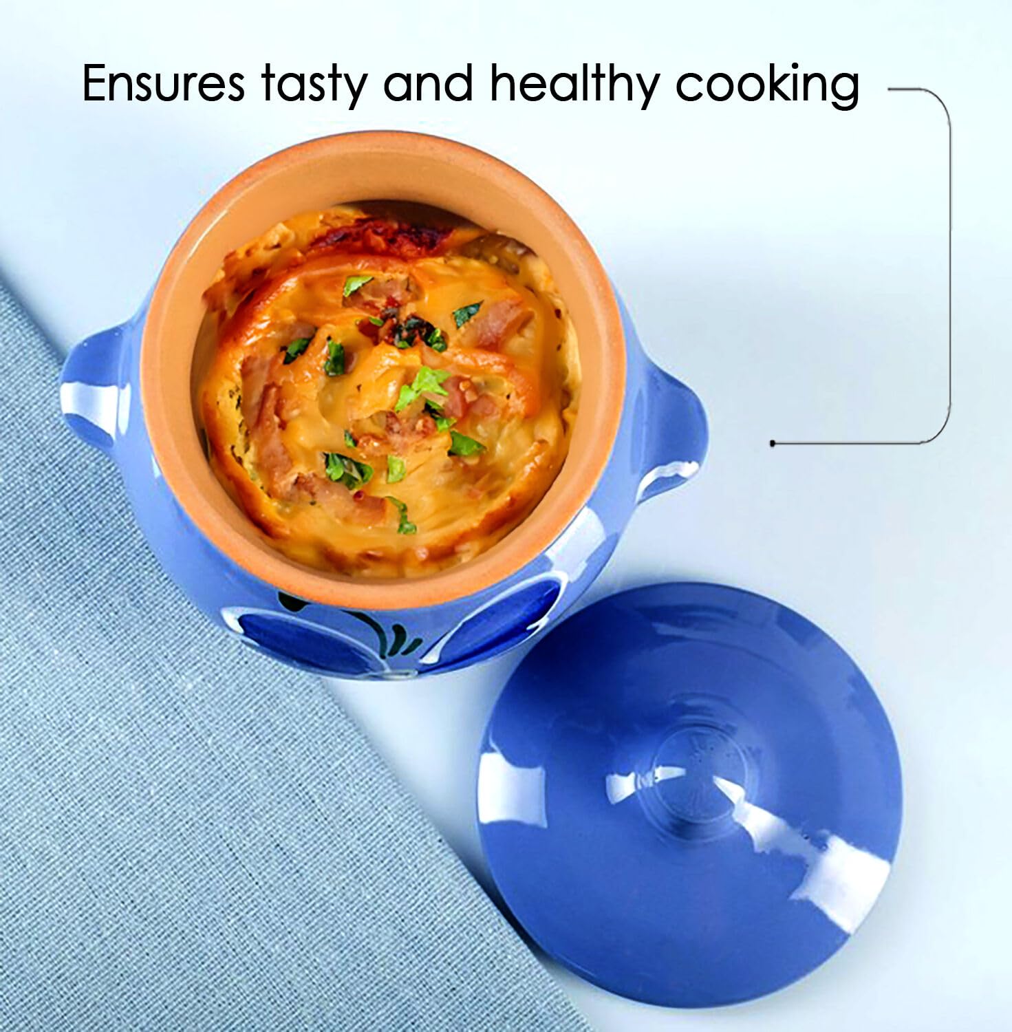 Premium Borisov Blue Clay Stewing Ramekin with Lid - 2QT Traditional Earthenware Pot for Dutch Oven Cooking, Rice, Soups & Stews | Oven, Stovetop & Microwave Safe | Perfect for Slow Cooking, Baking & Serving Dishes