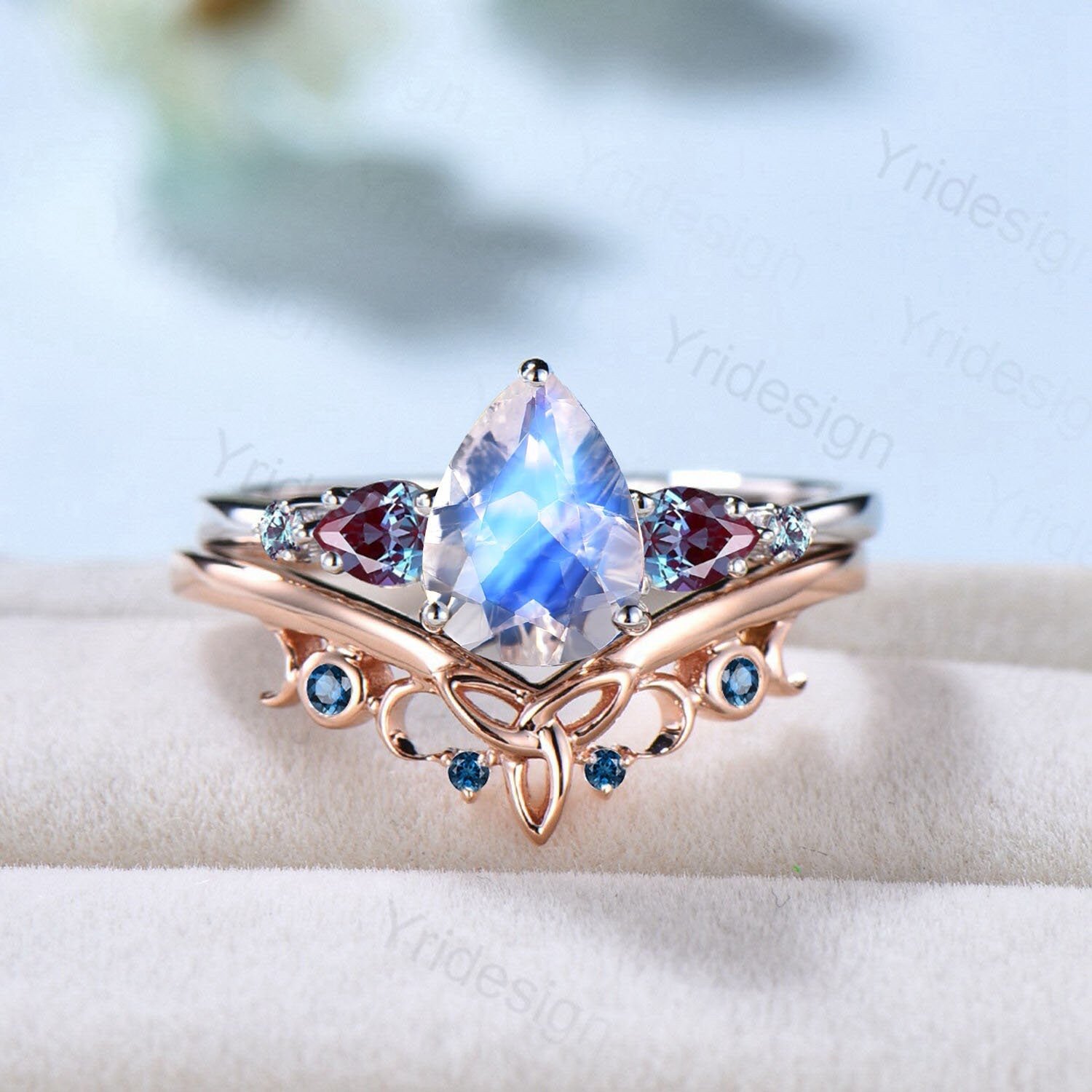 Natural Blue Moonstone Pear Shaped Engagement Ring Set with Vintage Color Change Alexandrite & June Birthstone Topaz Stacking Band - Perfect for Weddings, Anniversaries, and Bridal Jewelry Gifts