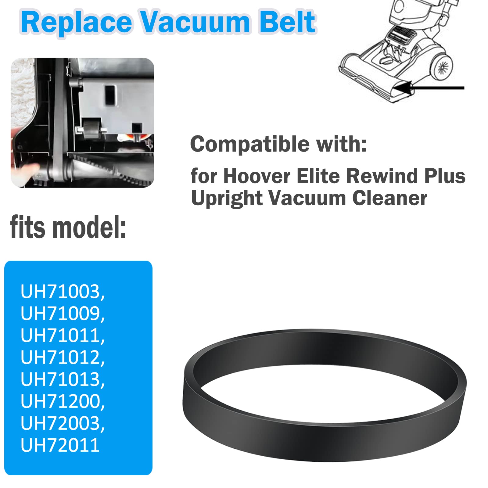 Hoover Elite Rewind Plus Vacuum Belt Replacement - Compatible with Models UH71003, UH71009, UH71011, UH71012, UH71013, UH71200, UH72003, UH72011 - Durable Upright Vacuum Cleaner Accessory for Deep Cleaning Carpets & Floors