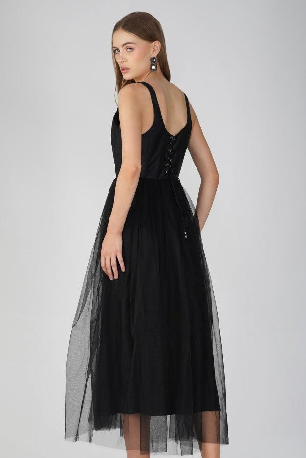 Gaela Mesh Midi Dress - Black Elegant Flowy Summer Dress for Women | Perfect for Beach Vacations, Date Nights & Cocktail Parties