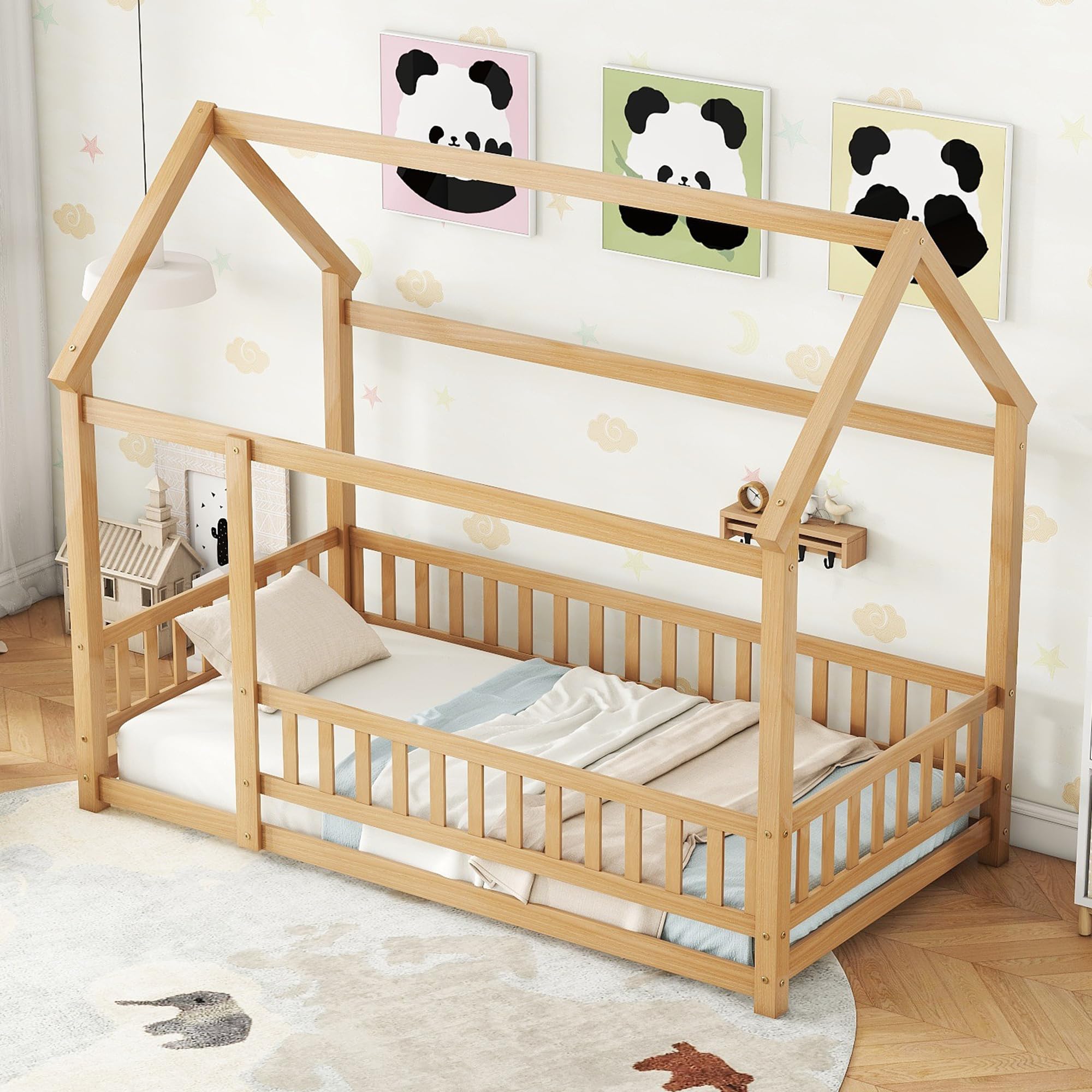 Bellemave Twin Size Wooden Montessori Floor Bed Frame with Safety Fence for Kids - Natural Wood Toddler Bed for Nursery, Daycare & Montessori Classroom - Perfect for Safe Sleep & Play Areas