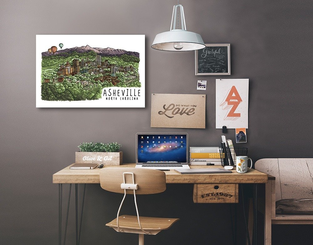 Asheville North Carolina Line Drawing Art - 16x24 Wrapped Canvas Wall Decor for Living Room, Bedroom & Office - Modern Cityscape Artwork for Home & Office Decor