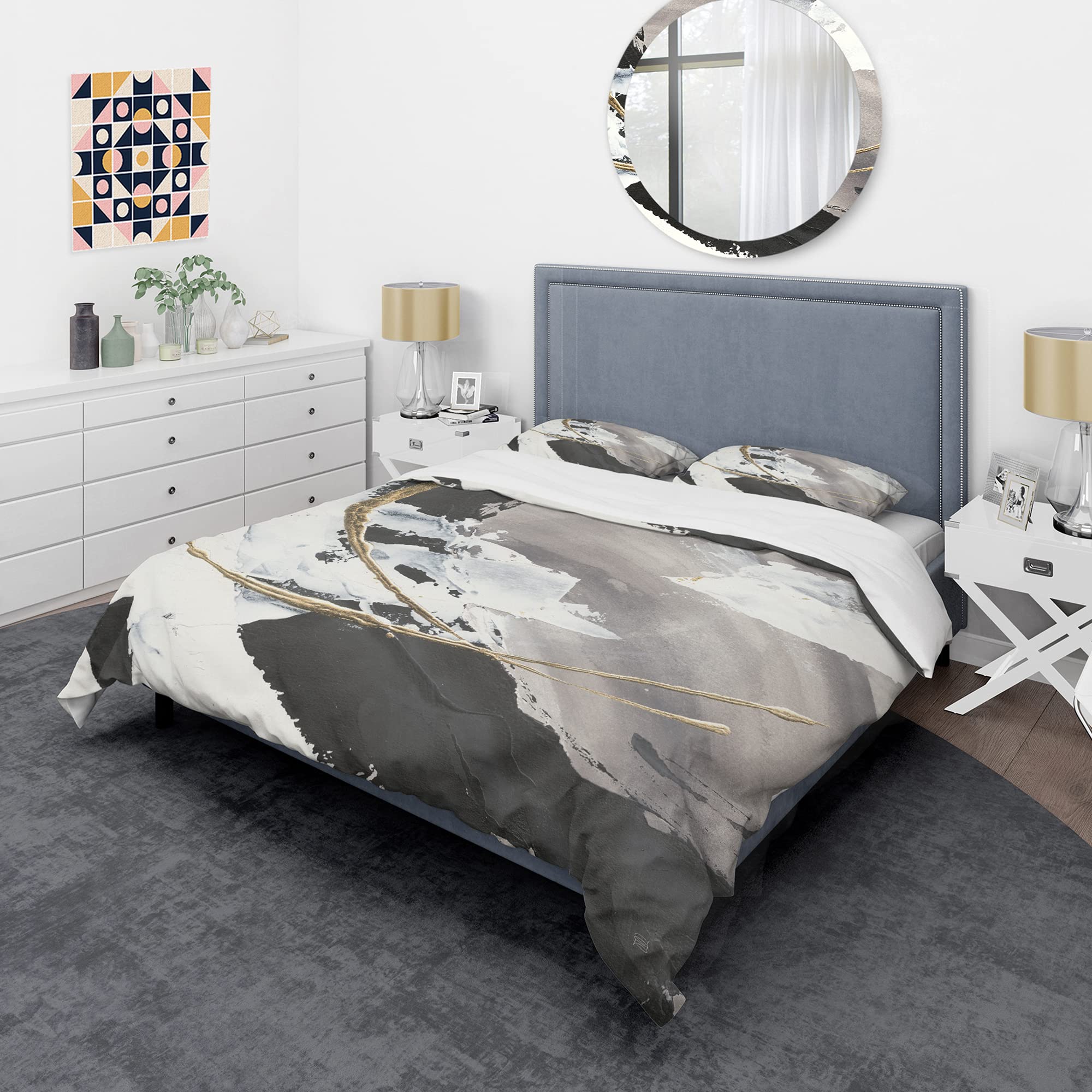Glam Painted Arcs II Modern Abstract Duvet Cover Set Queen Size - 3 Piece Black Contemporary Bedding for All Seasons | Perfect for Master Bedroom, Guest Room & Modern Home Decor