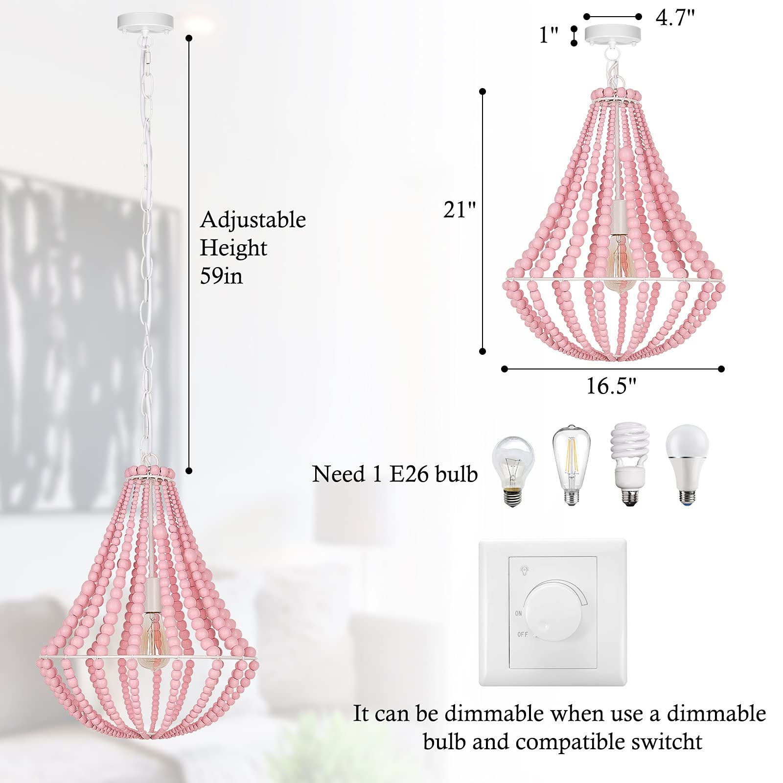 Boho Wood Beaded Chandelier - 16.5