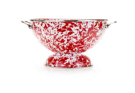 Vintage Red Swirl Enamelware 5 Quart Colander - Durable Kitchen Strainer for Pasta, Vegetables & Fruit Washing