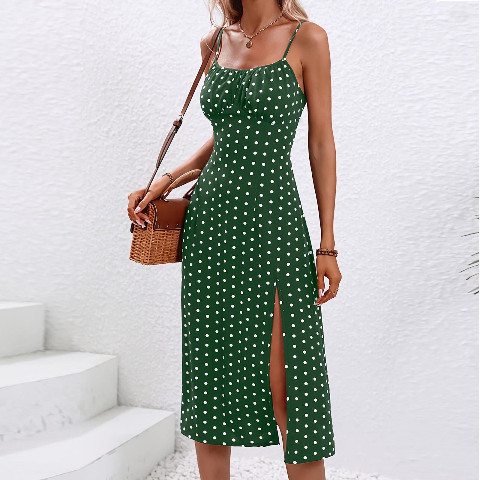 Women's Trendy Slit Summer Sundress - Casual Spaghetti Strap Midi Dress for Beach, Vacation & Boho Outfits | Perfect for Outdoor Parties, Date Nights & Tropical Getaways