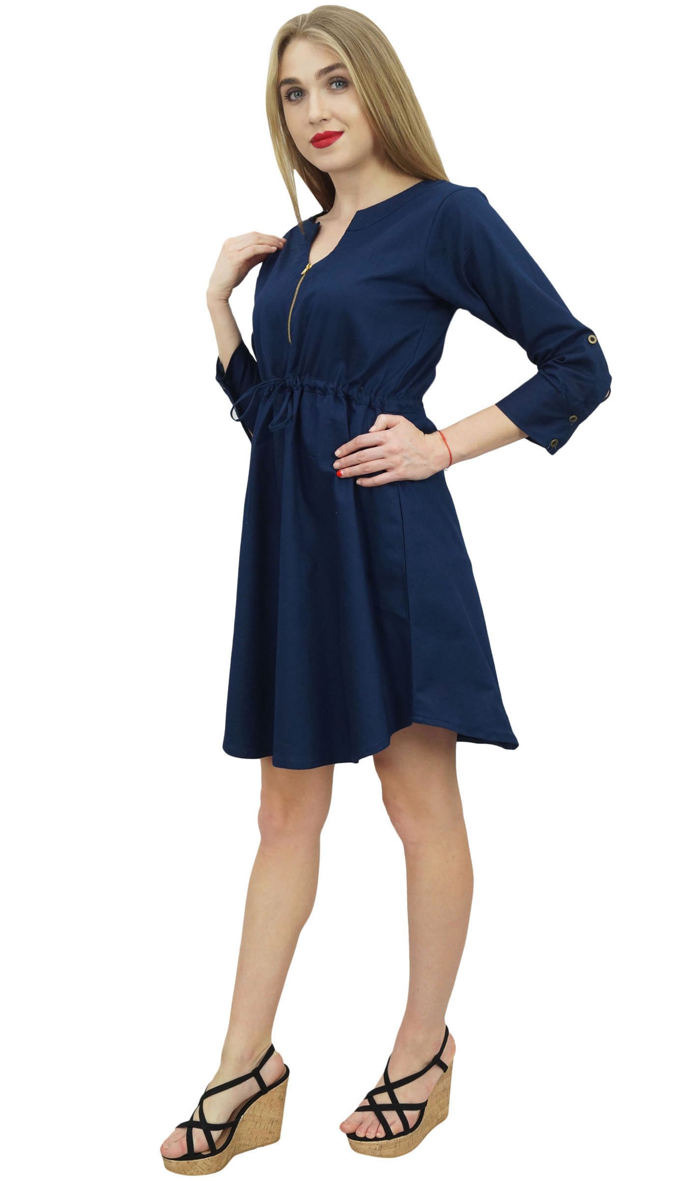 Bimba Women's Short Denim Casual Dress with Drawstring Waist - Summer Beach Outfit, Casual Wear, Street Style Fashion