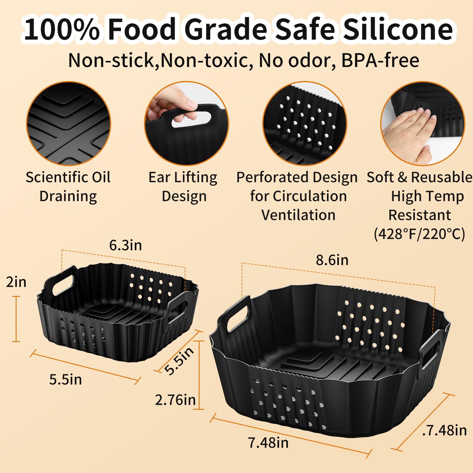 Ninja Air Fryer Silicone Liners Set - 2 Pack Non-Stick Basket Accessories for FN101GY/FN101SG/FN101ST Models | Fits 4 QT & 6 Cup Glass Containers | Reusable, Easy Clean | Perfect for Healthy Cooking, Meal Prep & Family Snacks