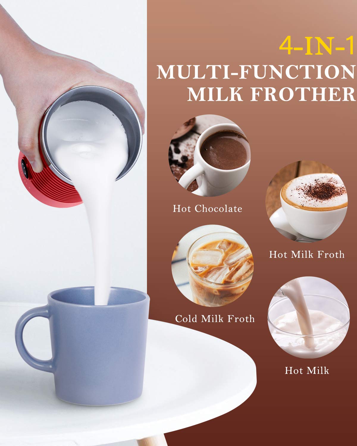 **Gretess 4-in-1 Electric Milk Frother & Steamer for Coffee & Latte - Hot & Cold Froth, Auto Shut-Off, 2 Whisks (Red, JC-A2R) - Perfect for Cappuccinos, Lattes, Hot Chocolate & Matcha Drinks**