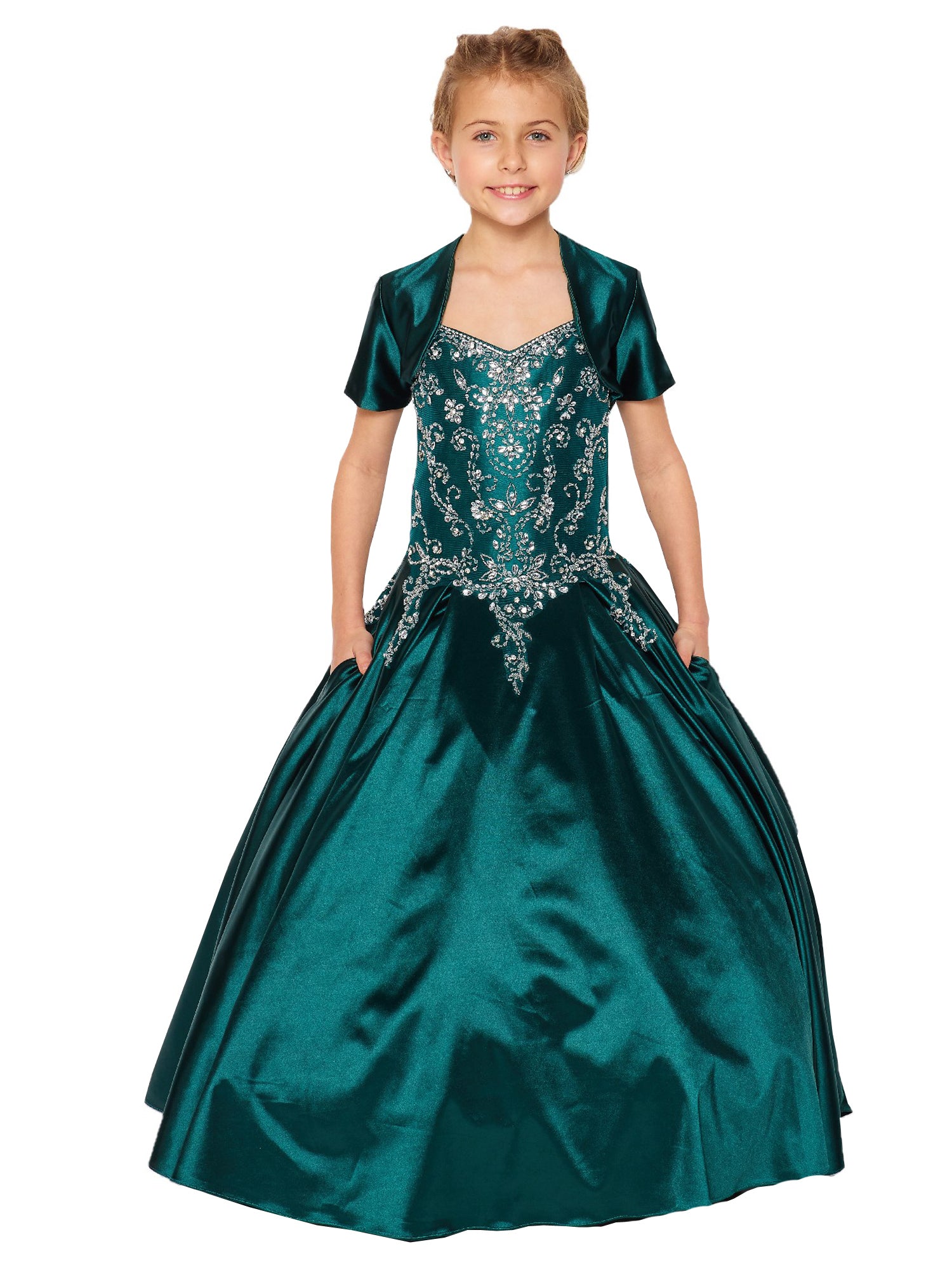 Elegant Hunter Green Rhinestone Beaded Fringe Ball Gown for Big Girls Size 8-16 | Formal Dresses for Prom, Quinceañera & Special Occasions