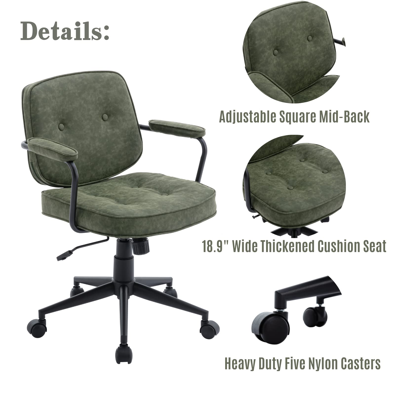 LukeAlon Adjustable PU Leather Tiltable Office Chair - 360° Swivel Ergonomic Task Chair with Armrests, Thickened Seat & Button Tufted Design for Home Office (Green) - Perfect for Workspaces, Gaming & Study Rooms