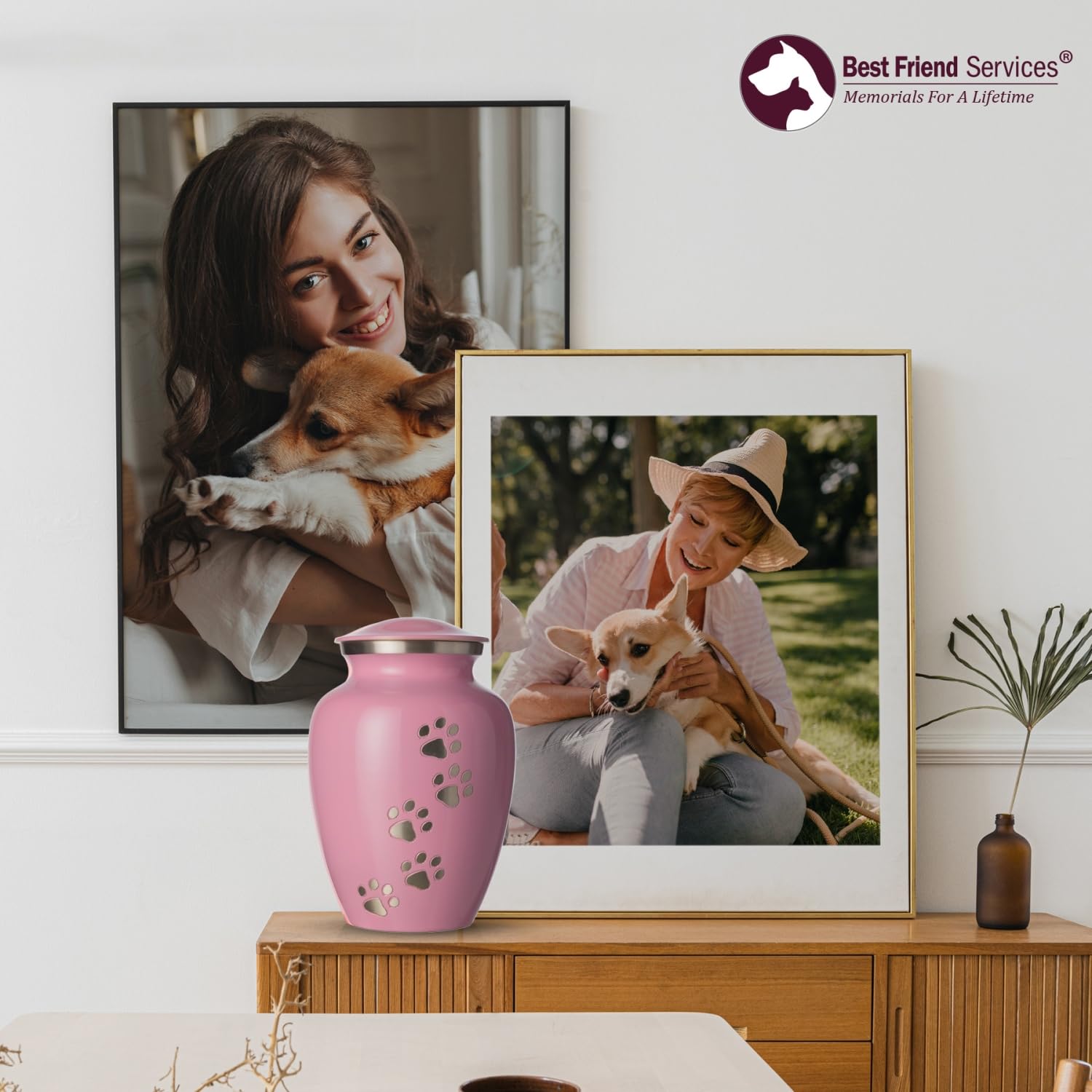 Hand Carved Brass Pet Urn for Dogs and Cats Ashes - Ottillie Paws Legacy Memorial Keepsake Urn, Small Ardent Pink with Vertical Pewter Paws, Perfect for Home Display or Memorial Ceremony