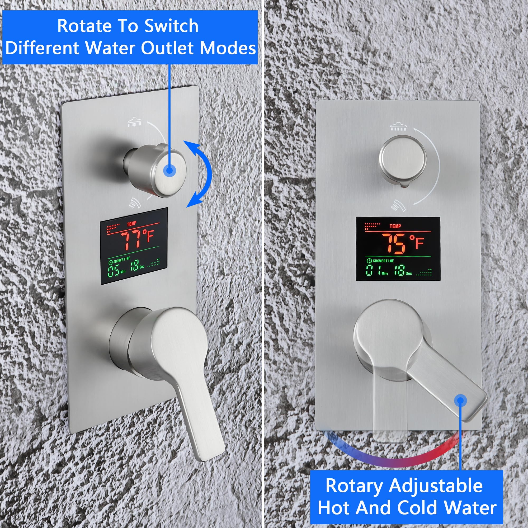 SKWOLL Brushed Nickel Shower Faucet Set - 12 Inch Wall Mount Rain Shower Head with Digital LCD Display & 2 Function Valve Kit | Modern Bathroom Upgrade for Spa-Like Experience