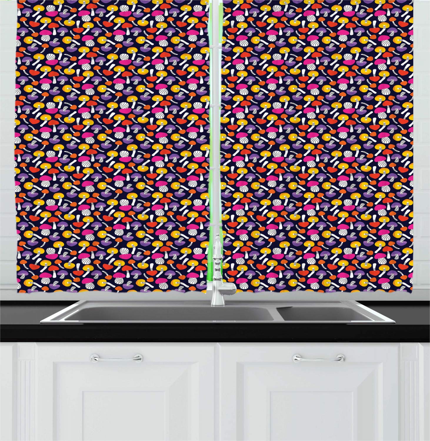 Ambesonne Mushroom Kitchen Curtains - Abstract Funny Toadstool Pattern Window Drapes, 2 Panel Set for Kitchen & Cafe Decor, 55