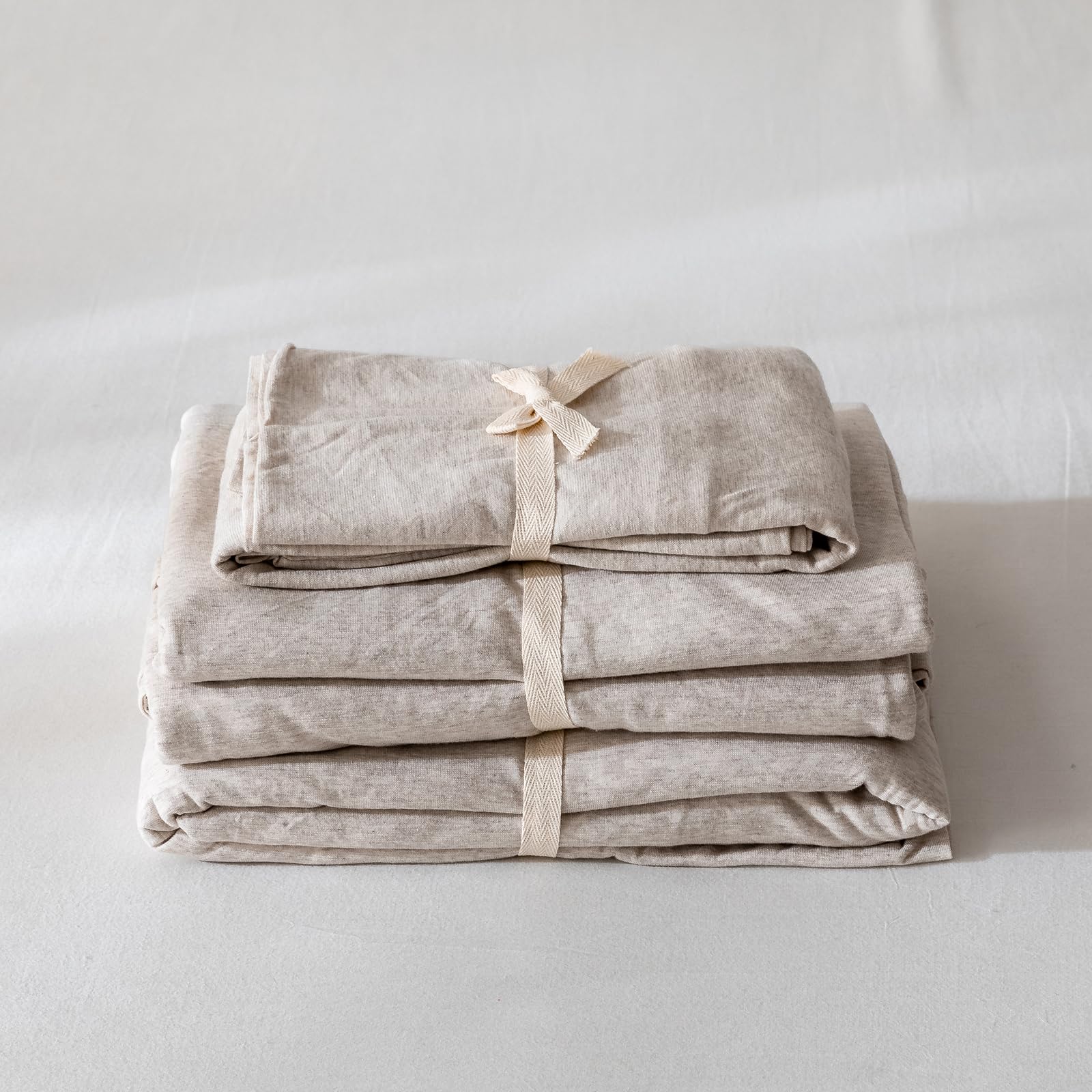 DONEUS Jersey Knit Sheet Set - 4-Piece Soft Breathable Queen Size Bed Sheets - T-Shirt Cotton Bedding with Deep Pockets & Pillowcases (Beige, Queen) - Perfect for Cozy Nights & Guest Rooms