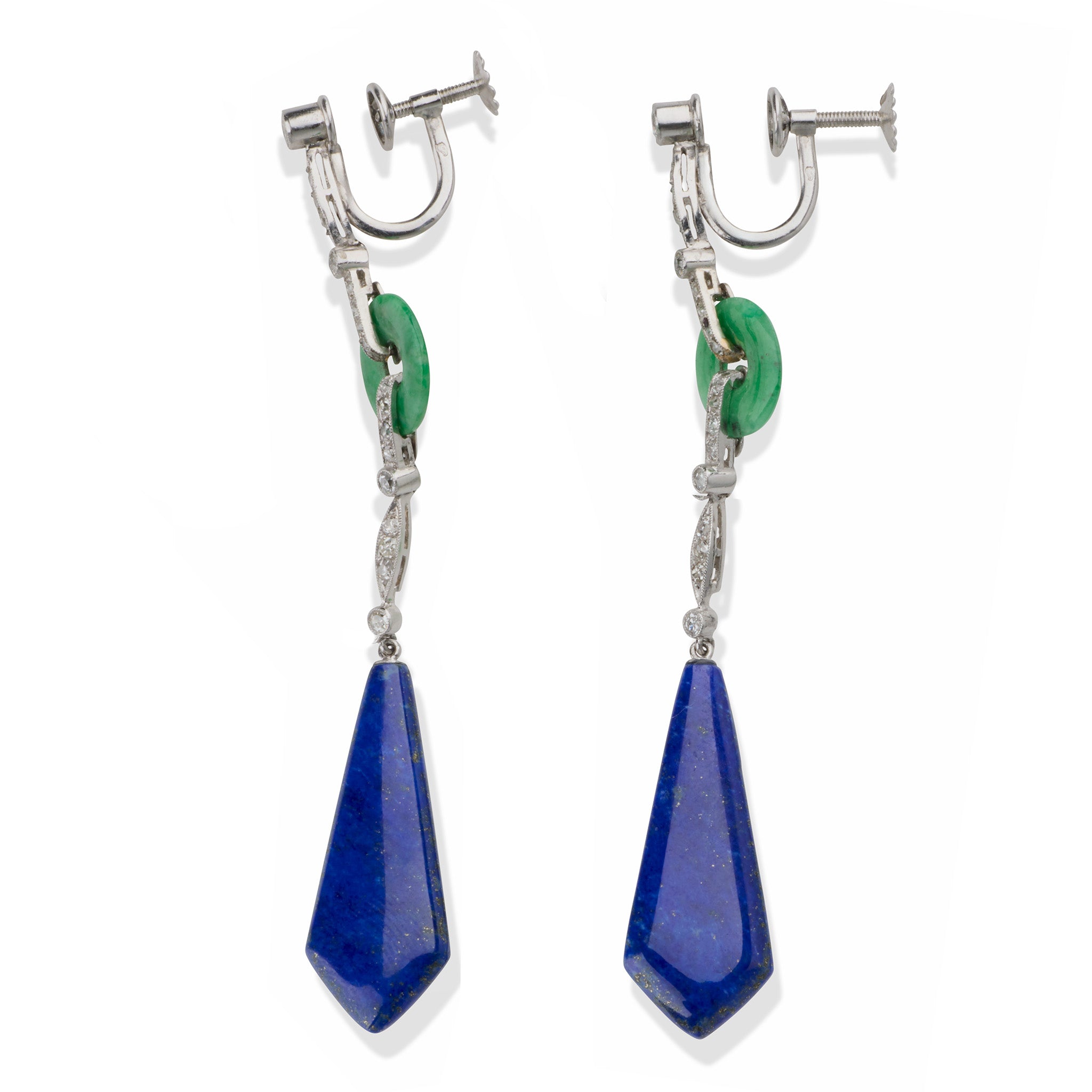 Exquisite French Art Deco Lapis Lazuli, Jadeite & Diamond Pendant Earrings | Vintage Jewelry for Women | Perfect for Weddings, Parties & Special Occasions