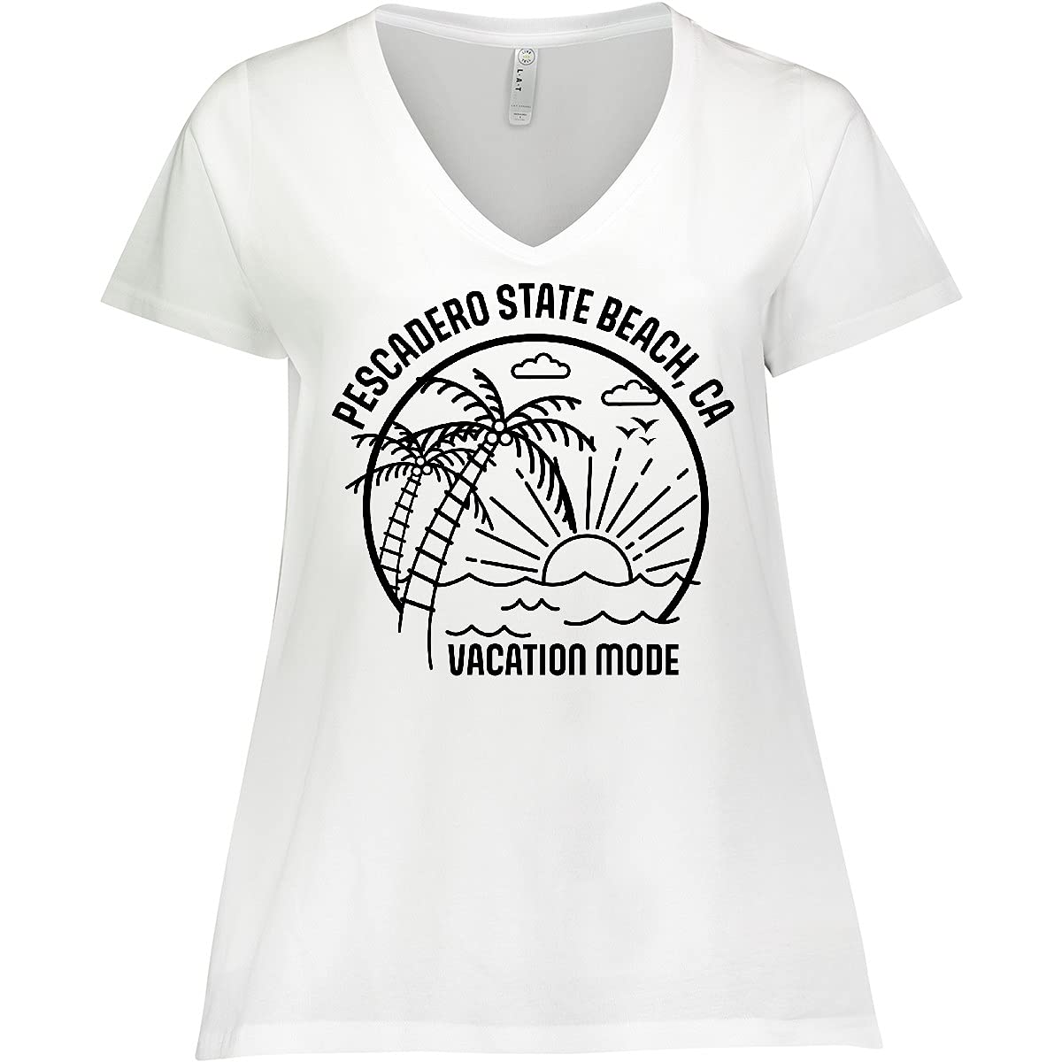 Inktastic Women's Plus Size V-Neck T-Shirt - Summer Vacation Mode Pescadero State Beach Graphic Tee for Casual Wear & Beach Outings