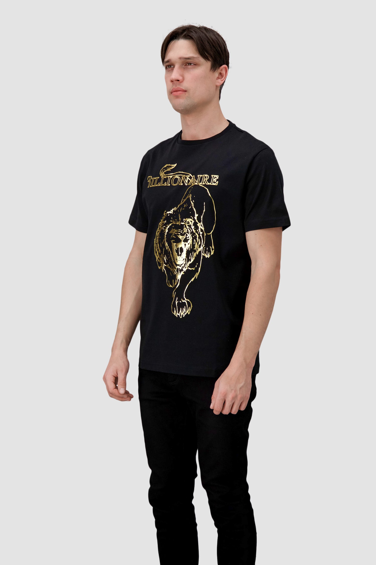 Billionaire Black and Gold Lion Print Round Neck T-Shirt for Men - Stylish Casual Wear for Parties, Outings, and Everyday Fashion