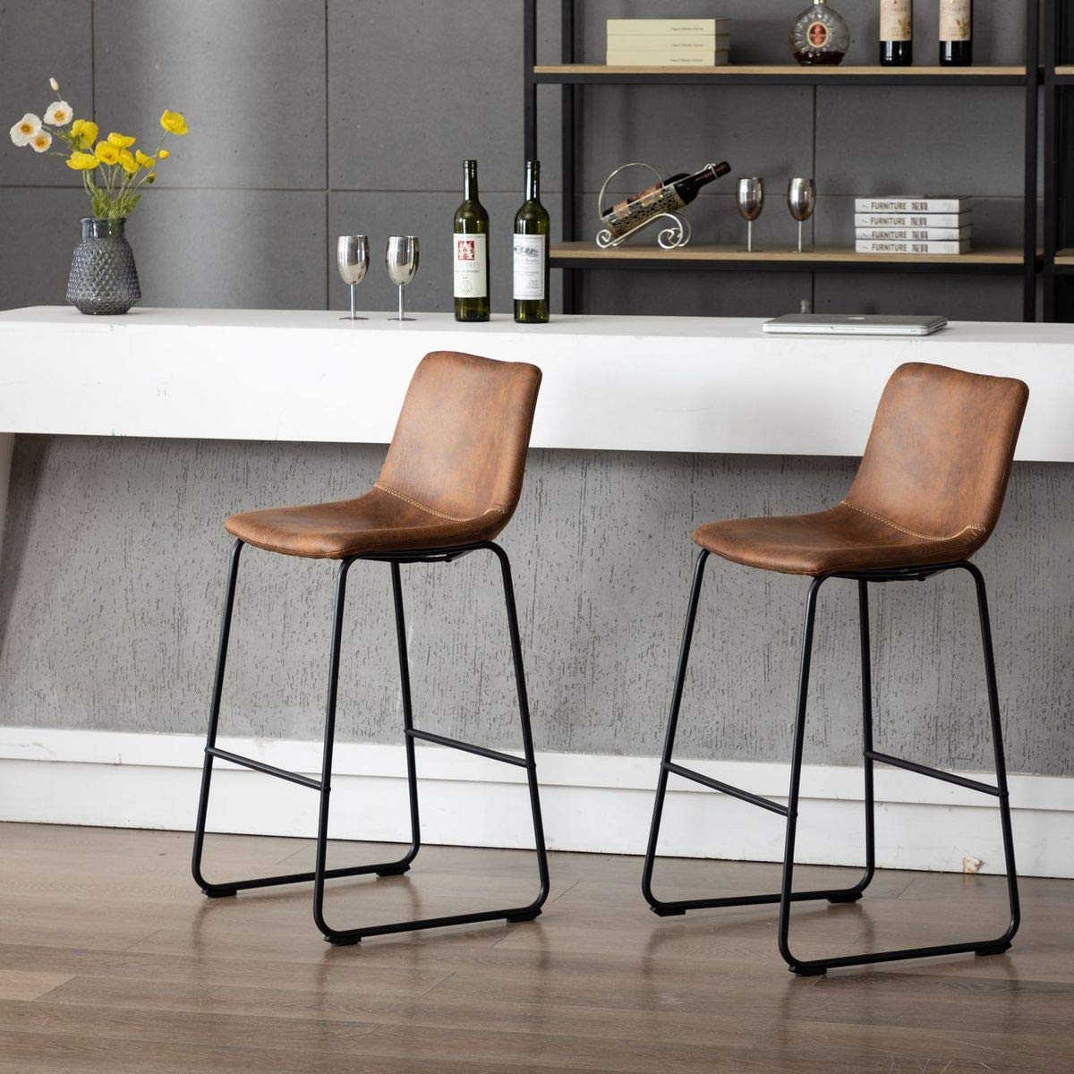 Vanity Art Set of 2 Synthetic Leather Barstools - Armless Upholstered Dining Chairs with Sturdy Metal Legs, Brown (UC-13HBRN) - Perfect for Kitchen Islands, Breakfast Bars & Small Space Dining