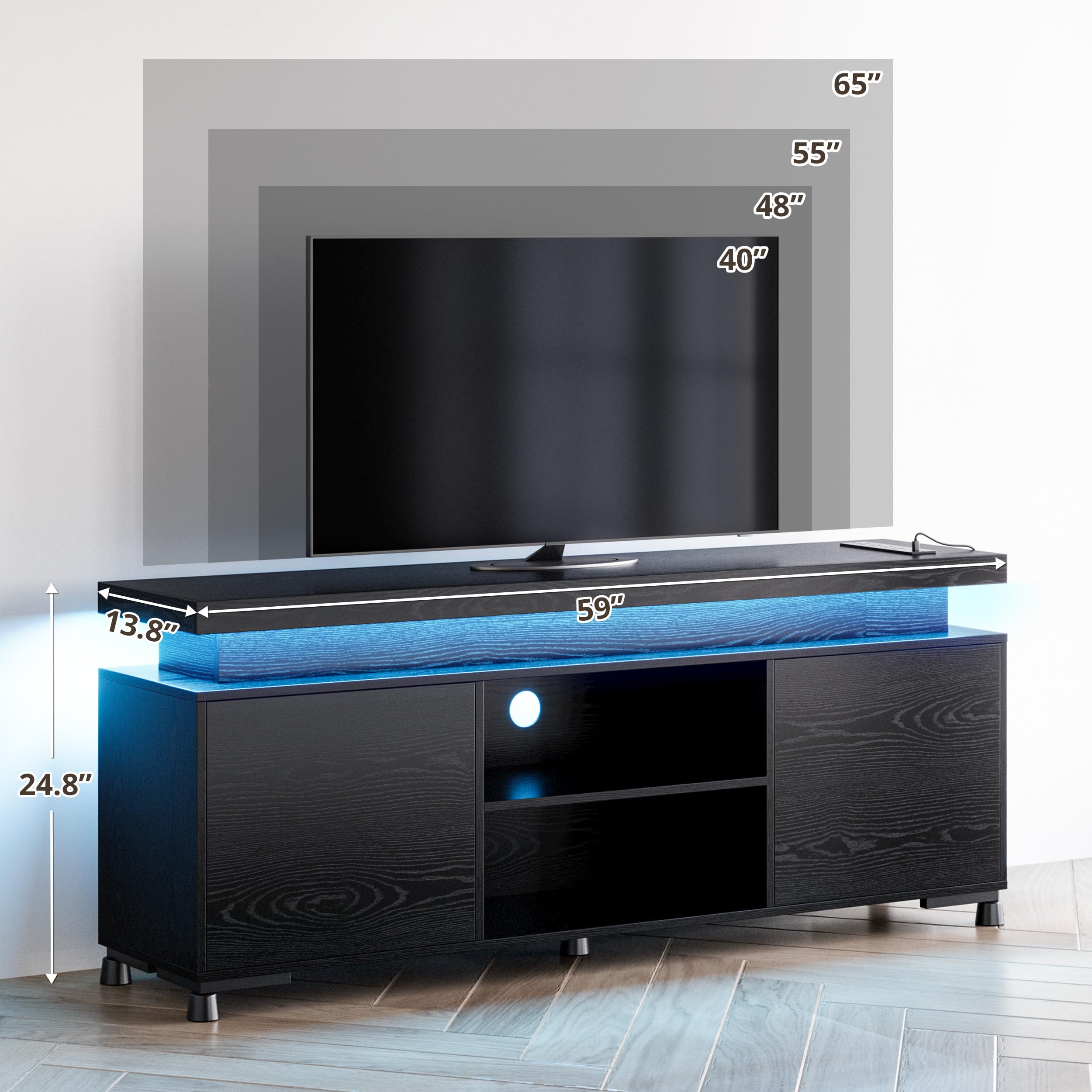 IRONCK 65+ Inch TV Stand with LED Lights & Power Outlet - Modern Entertainment Center with Storage Cabinet for Living Room | Perfect for Home Theater & Media Organization
