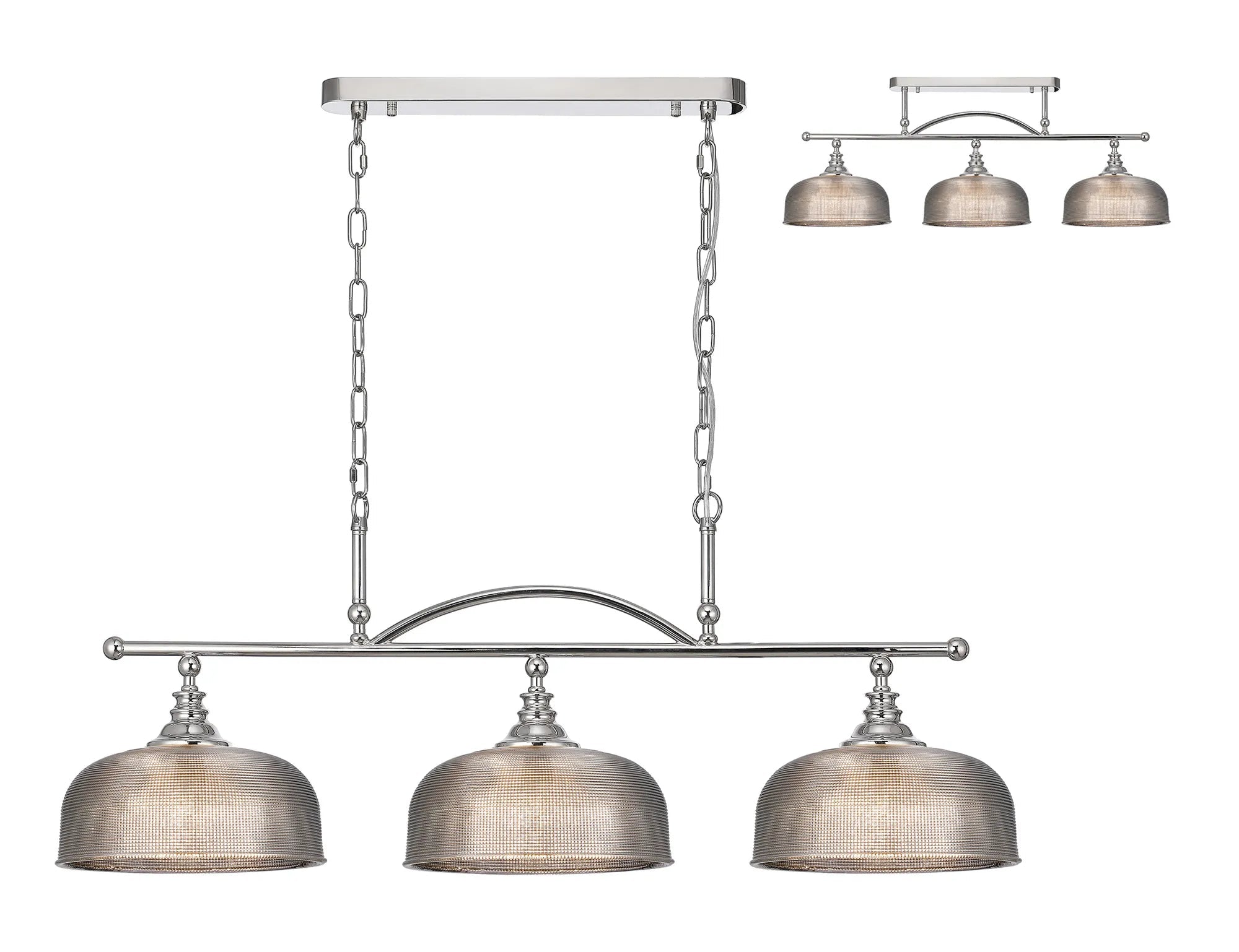 Cleron Semi Flush Mount Ceiling Light - Adjustable 2/3 Light Kitchen Lighting Fixture with E27 Socket in Satin Nickel, Polished Nickel & Antique Brass Finish - Prismatic Glass Shade for Dining Room, Bedroom or Hallway Lighting