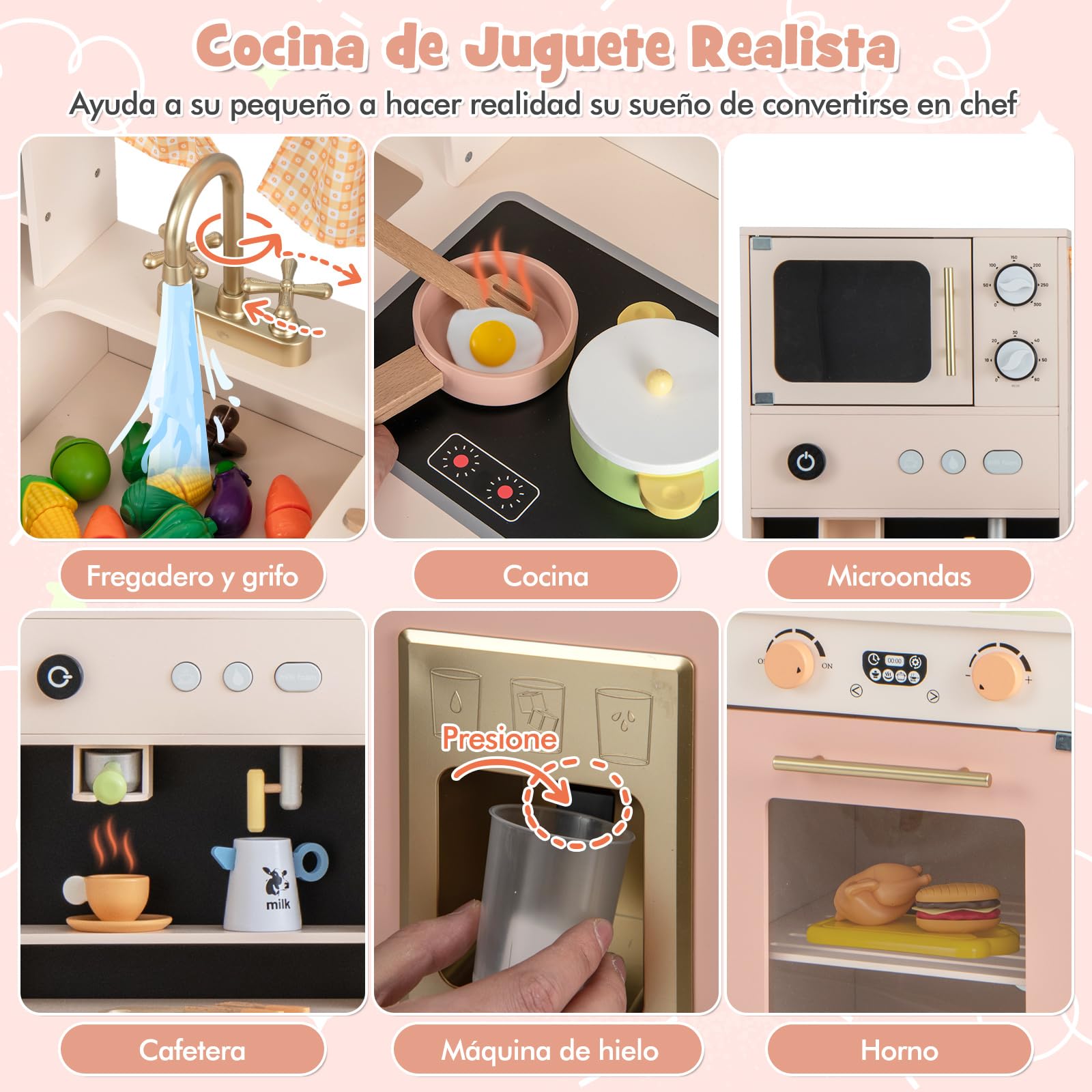 COSTWAY Wooden Play Kitchen Toy with Microwave, Coffee Maker, Ice Machine, Sink, Clock, Oven & Accessories - Pink Pretend Cooking Set for Toddlers & Kids Ages 3+ | Interactive Role Play, Imaginative Fun, Birthday Gift for Girls & Boys | Perfect for Home, Preschool & Daycare Playrooms