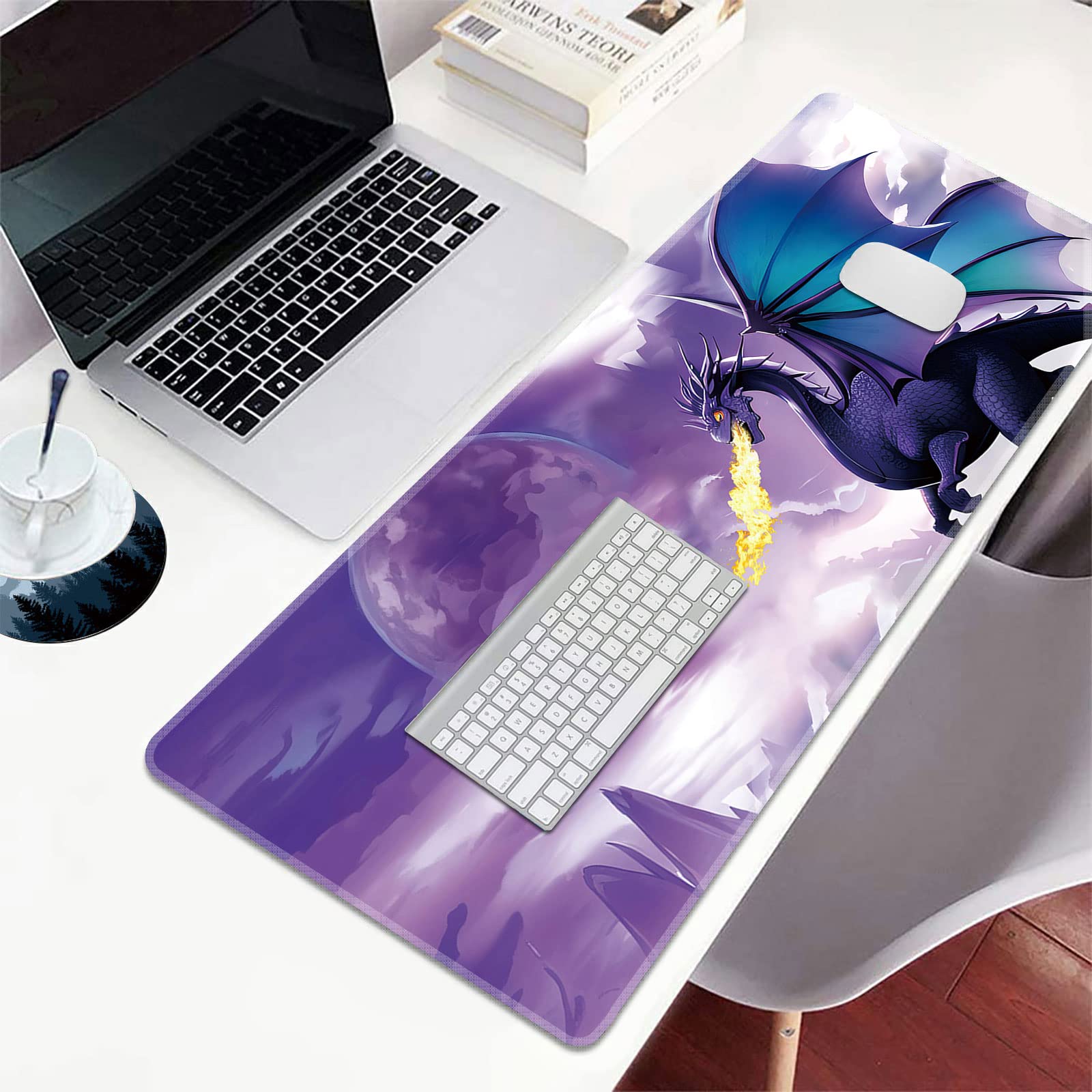 XXL Extended Gaming Mouse Pad (31.5x11.8 Inch) with Stitched Edges & Anti-Slip Base - Purple Dragon Design Desk Mat for Keyboard and Mouse - Perfect for PC Gaming, Office Work, and Home Computer Setup