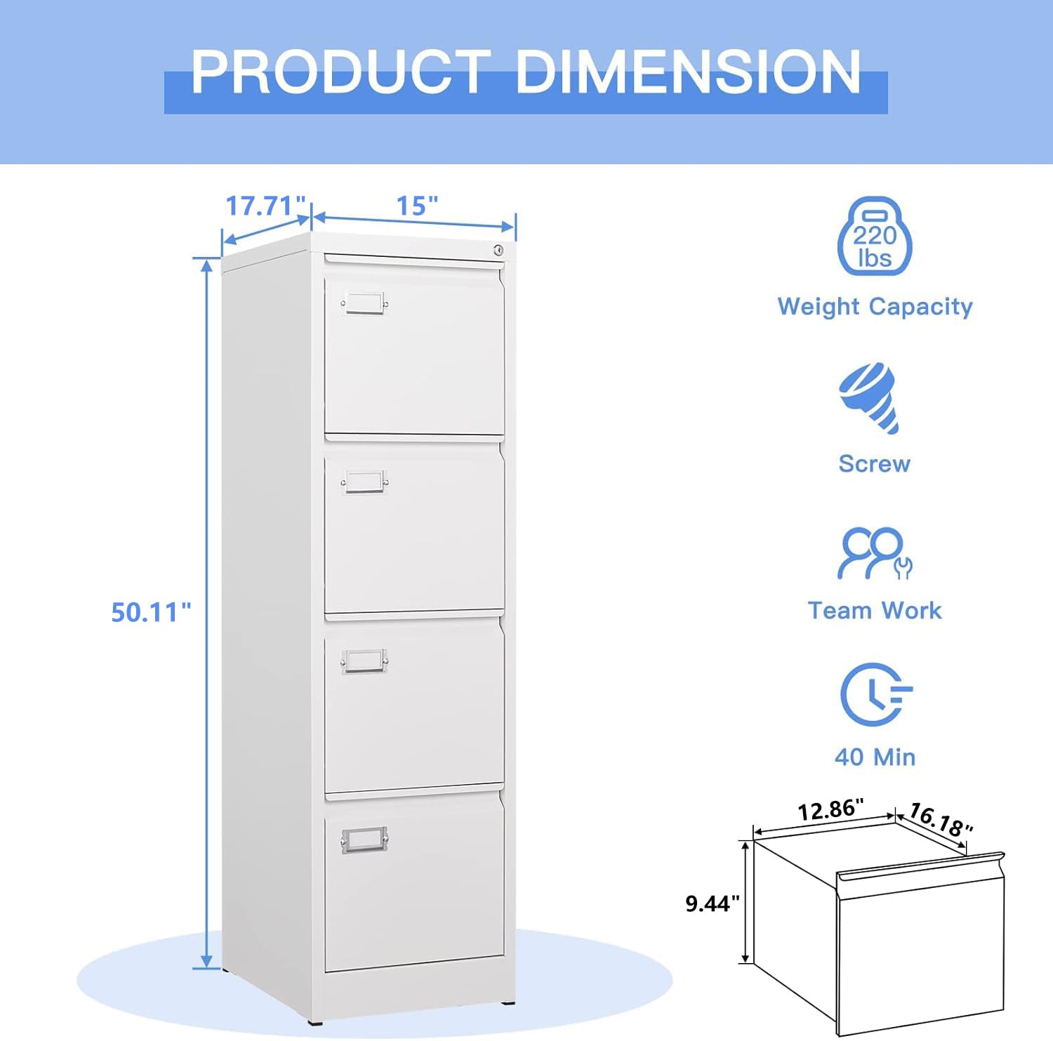 Yizosh 4-Drawer White Locking File Cabinet - Metal Vertical Office Storage Cabinet for Legal/A4 Documents - Secure Home & Office Filing Organizer with Locking Drawers - Perfect for Document Organization in Small Spaces, Home Offices & Professional Workplaces