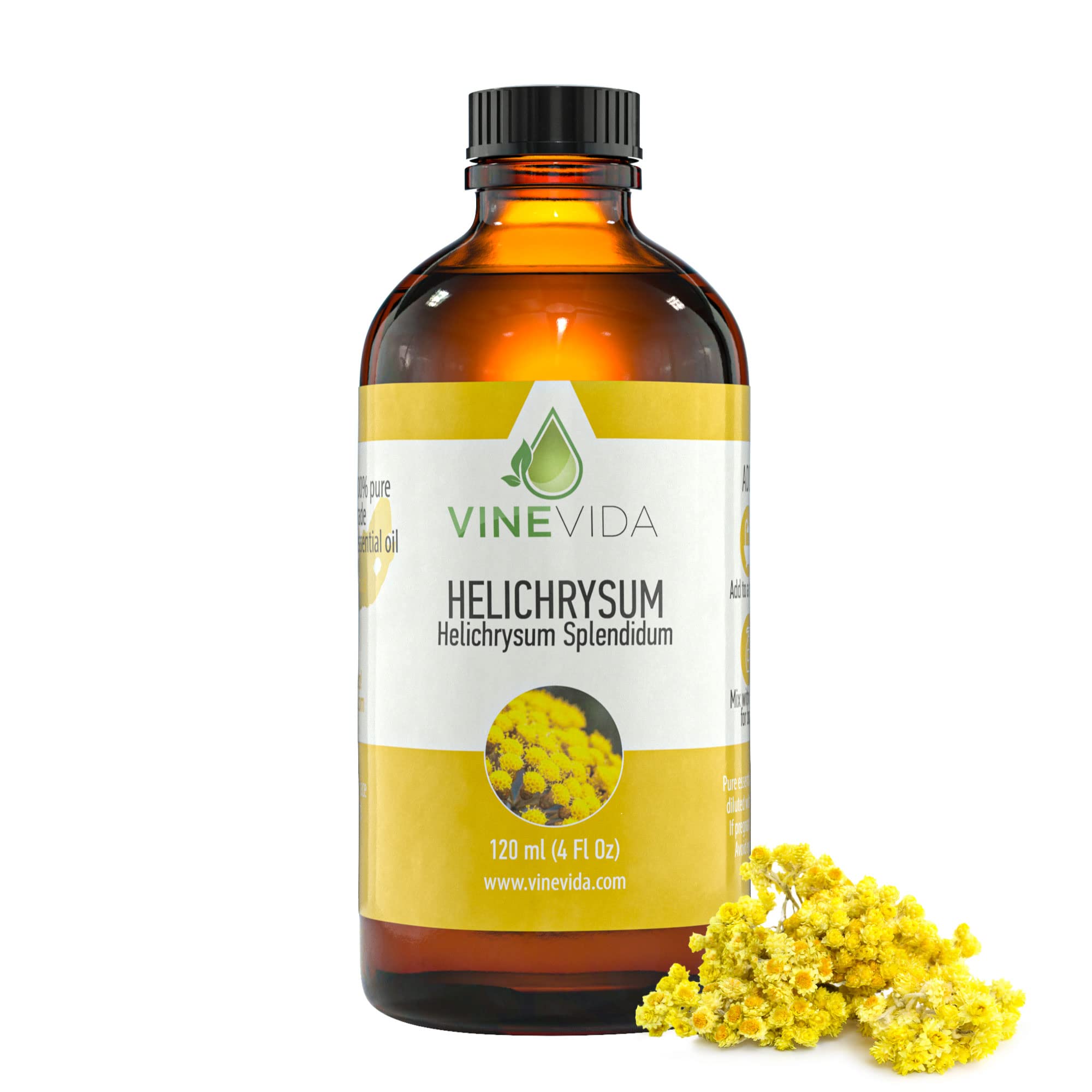 100% Pure Helichrysum Essential Oil 4 oz - Undiluted Therapeutic Grade Aromatherapy Oil for Pain Relief, Digestion & Skin Care by VINEVIDA - Perfect for Diffusers, Massage & DIY Beauty Products (Large 4 Ounce Bottle)