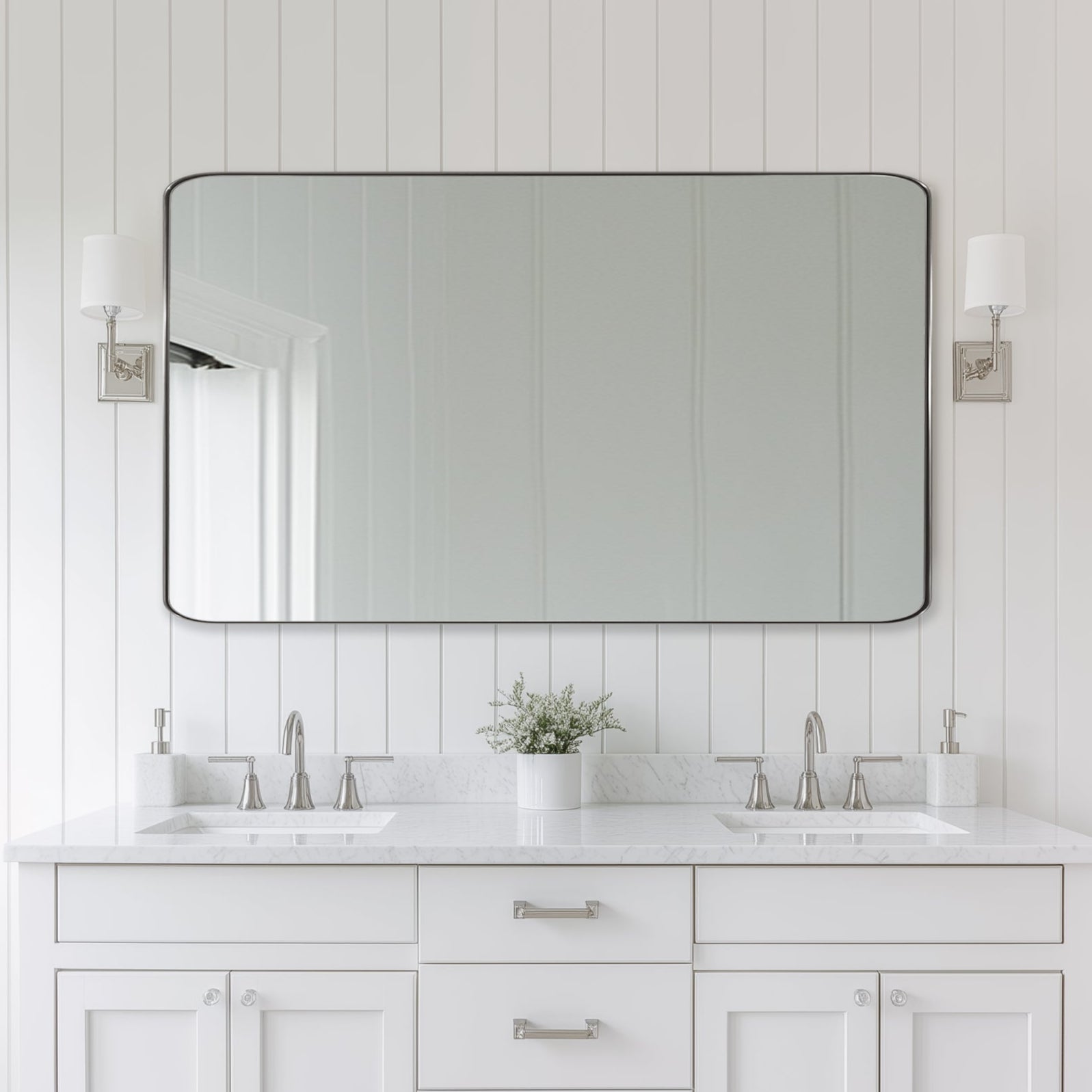 Modern Rounded Rectangle Bathroom Mirror with Stainless Steel Frame - Perfect for Vanity, Wall Decor & Home Decoration