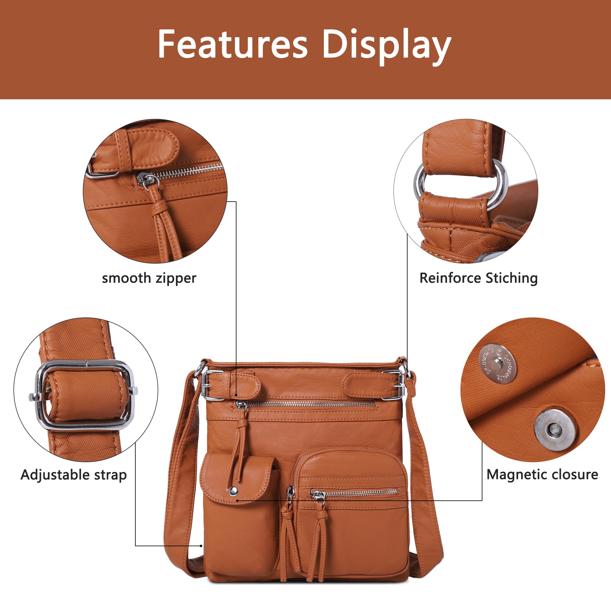 Angel Kiss Women's Crossbody Bag - Soft Washed Leather Shoulder Purse with Multiple Pockets | Stylish Hobo & Medium Handbag for Work, Travel & Everyday Use